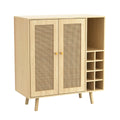 Bohemian Bar Cabinet, Natural Rattan Doors, Removable Wine Rack In Natural Wood Beige Boho Particle Board