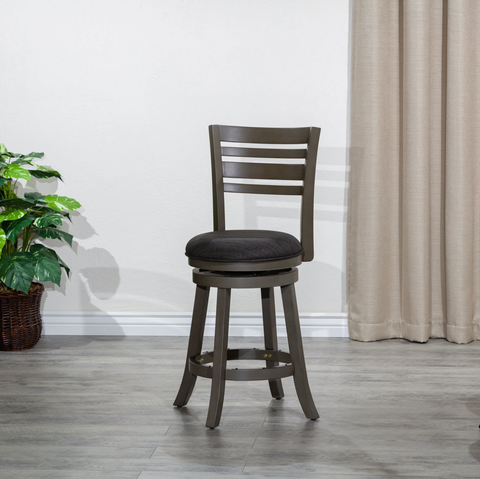 24" Counter Height Slat Back Swivel Stool, Weathered Gray Finish, Charcoal Fabric Seat Gray Fabric