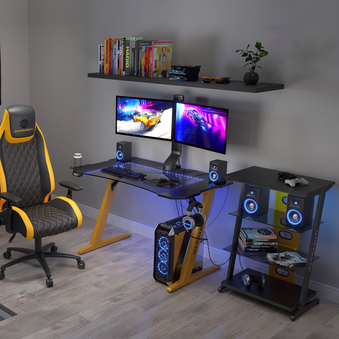 Gaming Desk, Steel Legs, Multicolored Led Lights, Cup Holder, 3 Usb Ports, Tempered Glass Accent In Yellow Yellow Metal