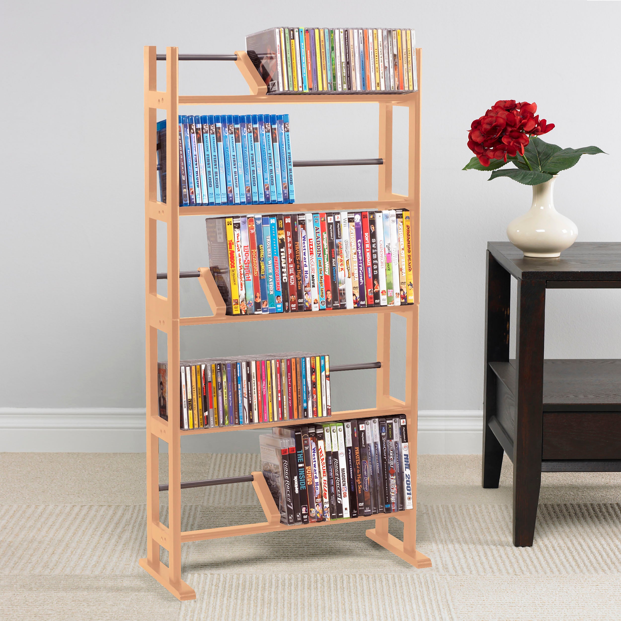 Media Storage Rack With Sliding Dividers In Maple Black Brown Particle
