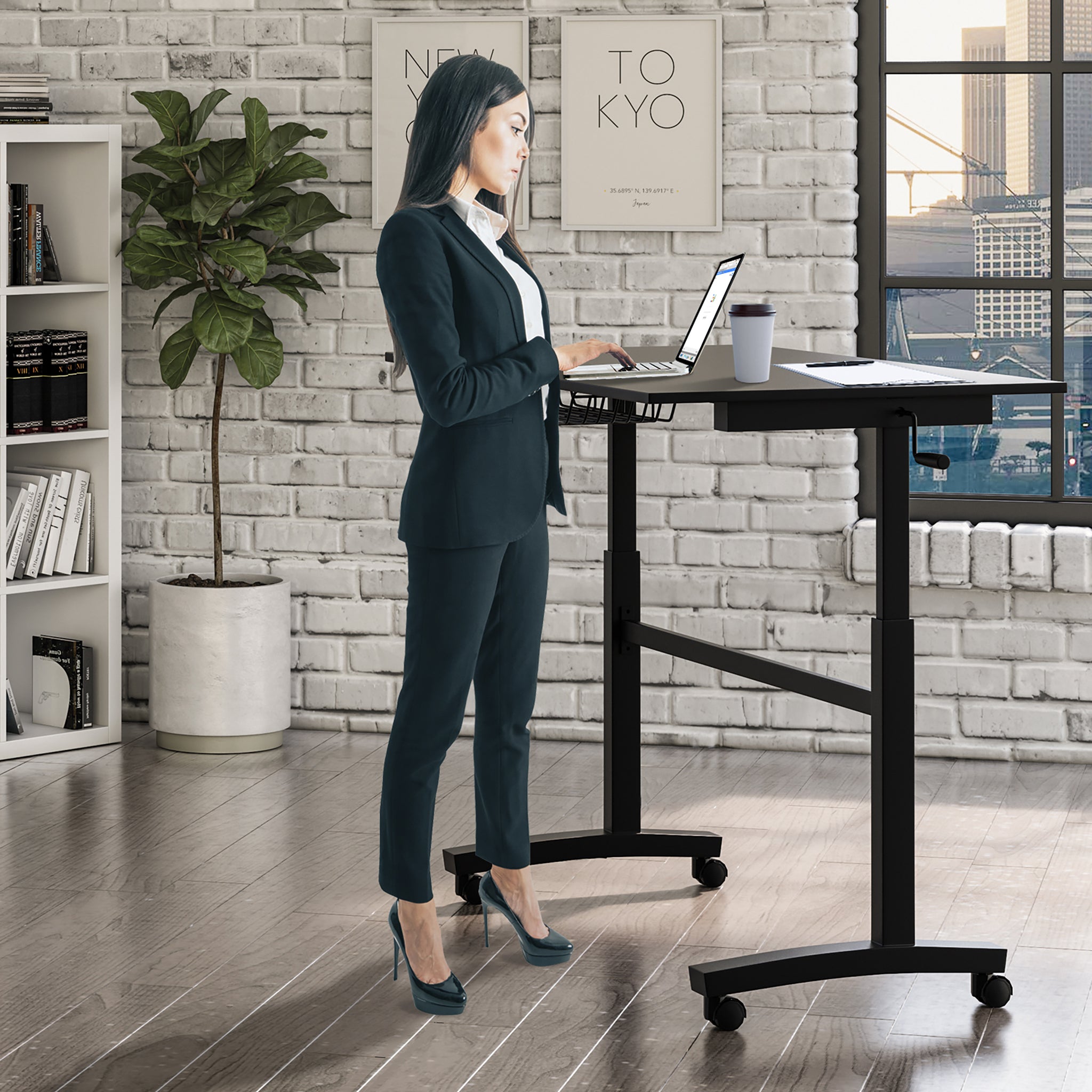 Sit Stand Desk with Casters Black Height Adjustable black-metal