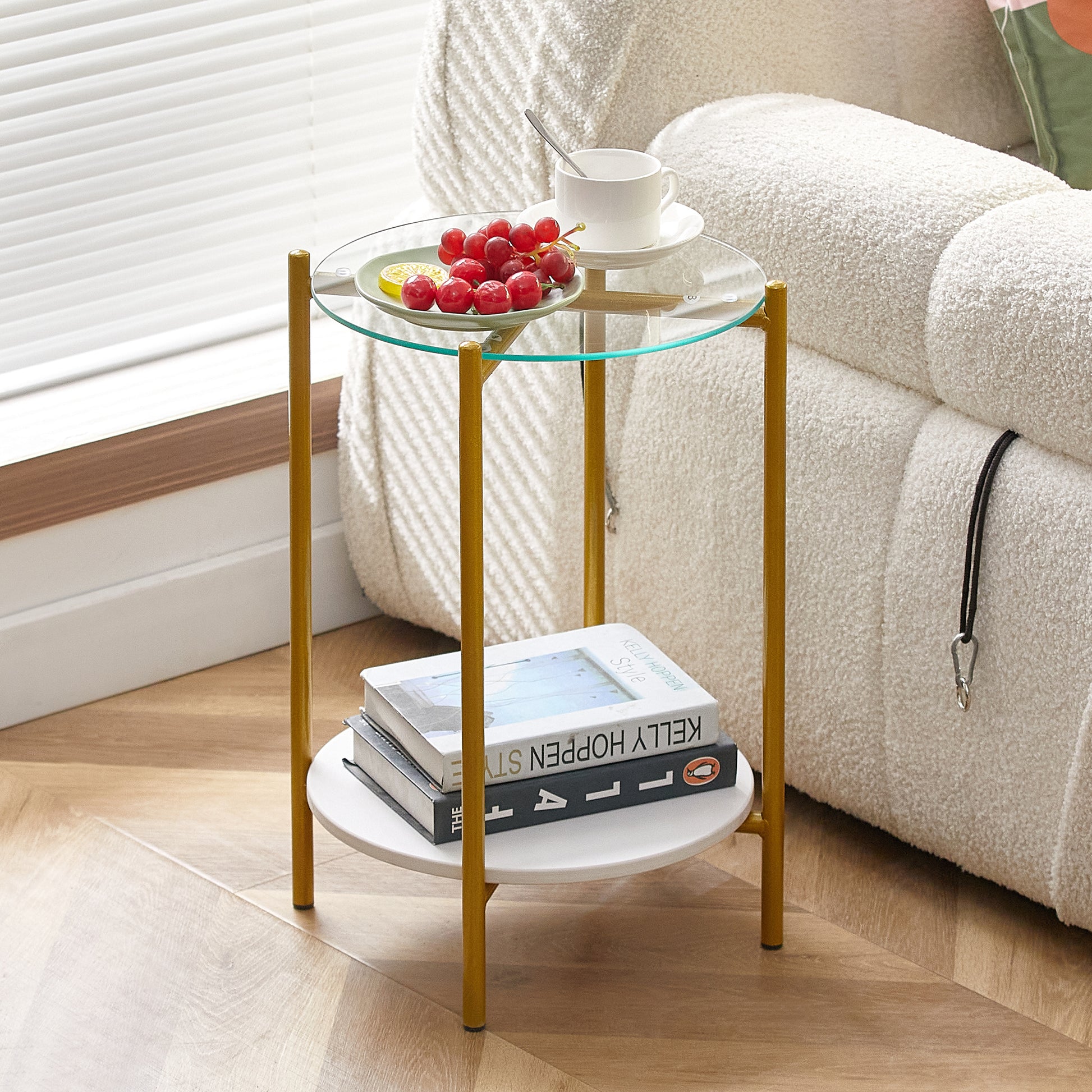 2 Layer End Table With Tempered Glass And Marble Tabletop, Round Coffee Table With Golden Metal Frame For Bedroom Living Room Office 1 Piece White Metal