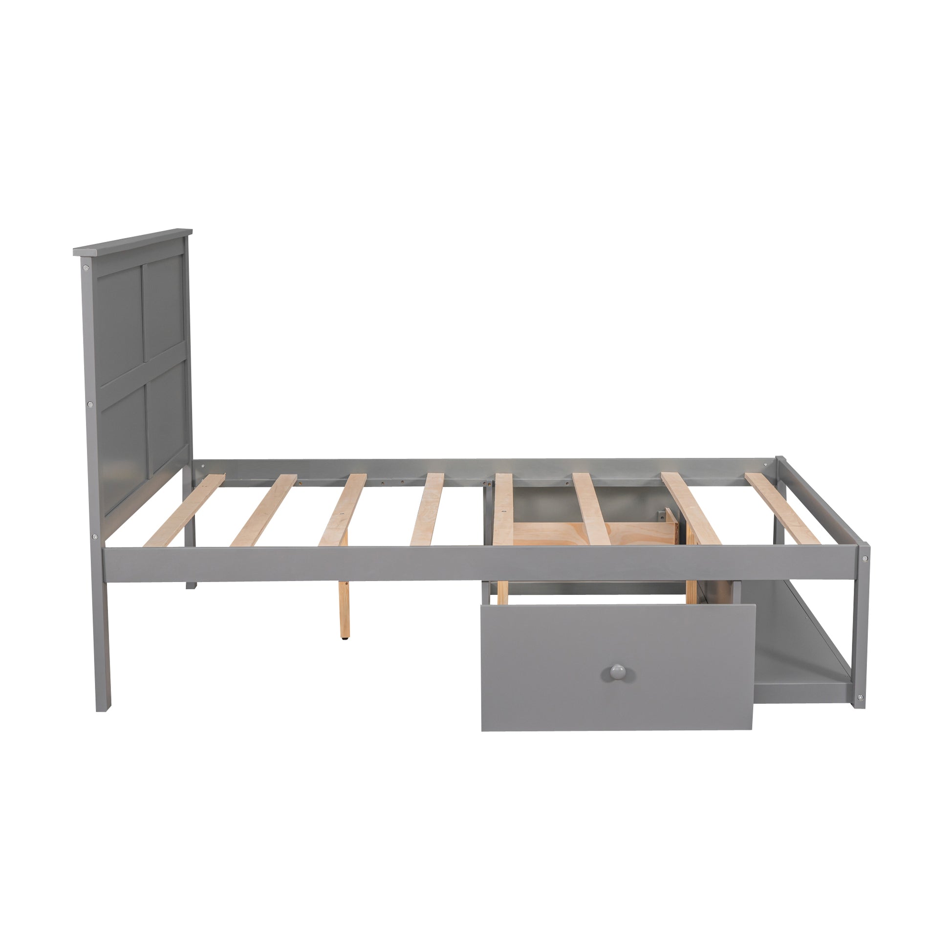 Full Size Platform Bed With Drawer On The Each Side And Shelf On The End Of The Bed, Gray Gray Pine