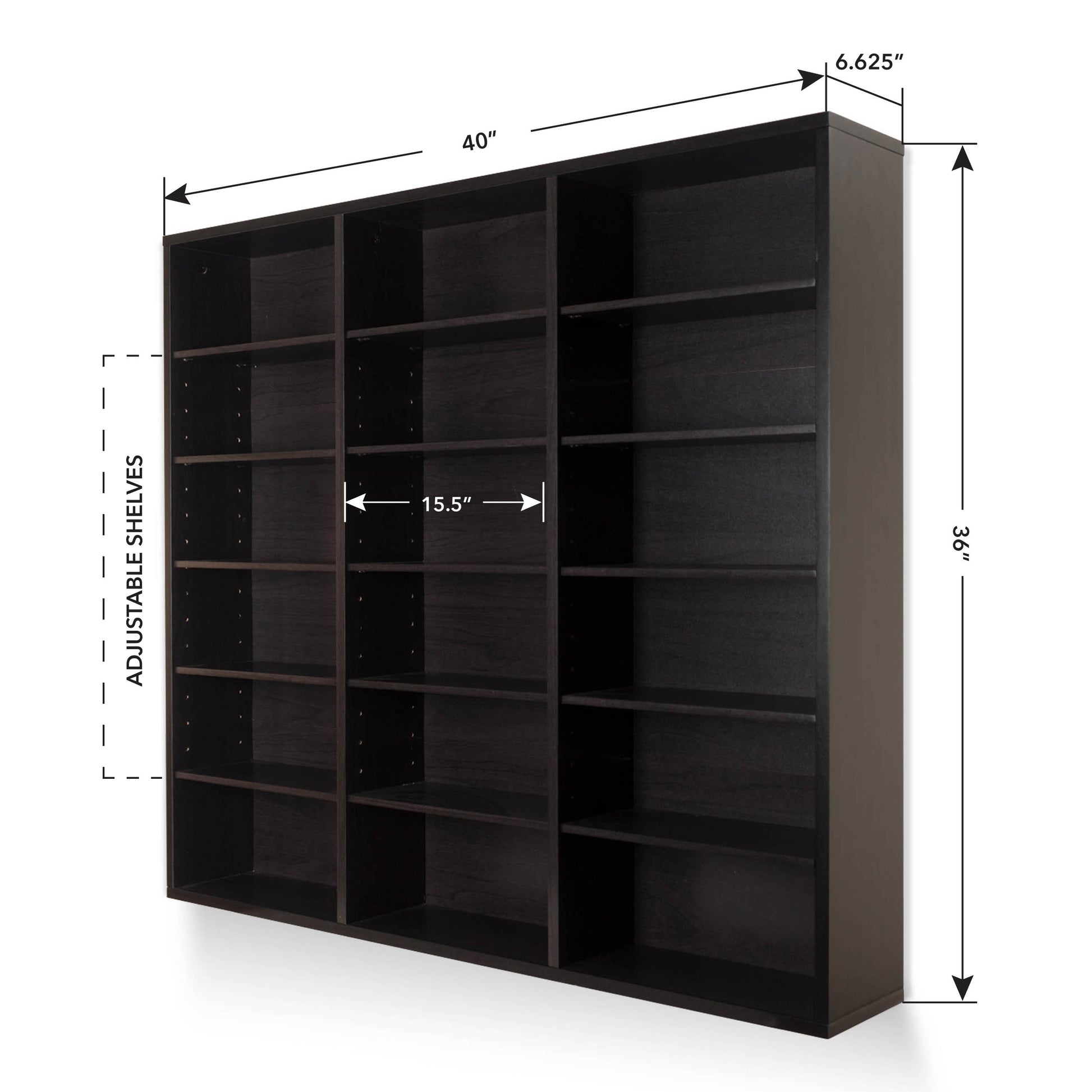 Wall Mounted Media Storage Unit, 15 Adjustable Shelves, Flushed Mounted In Espresso Brown Black Brown Particle Board