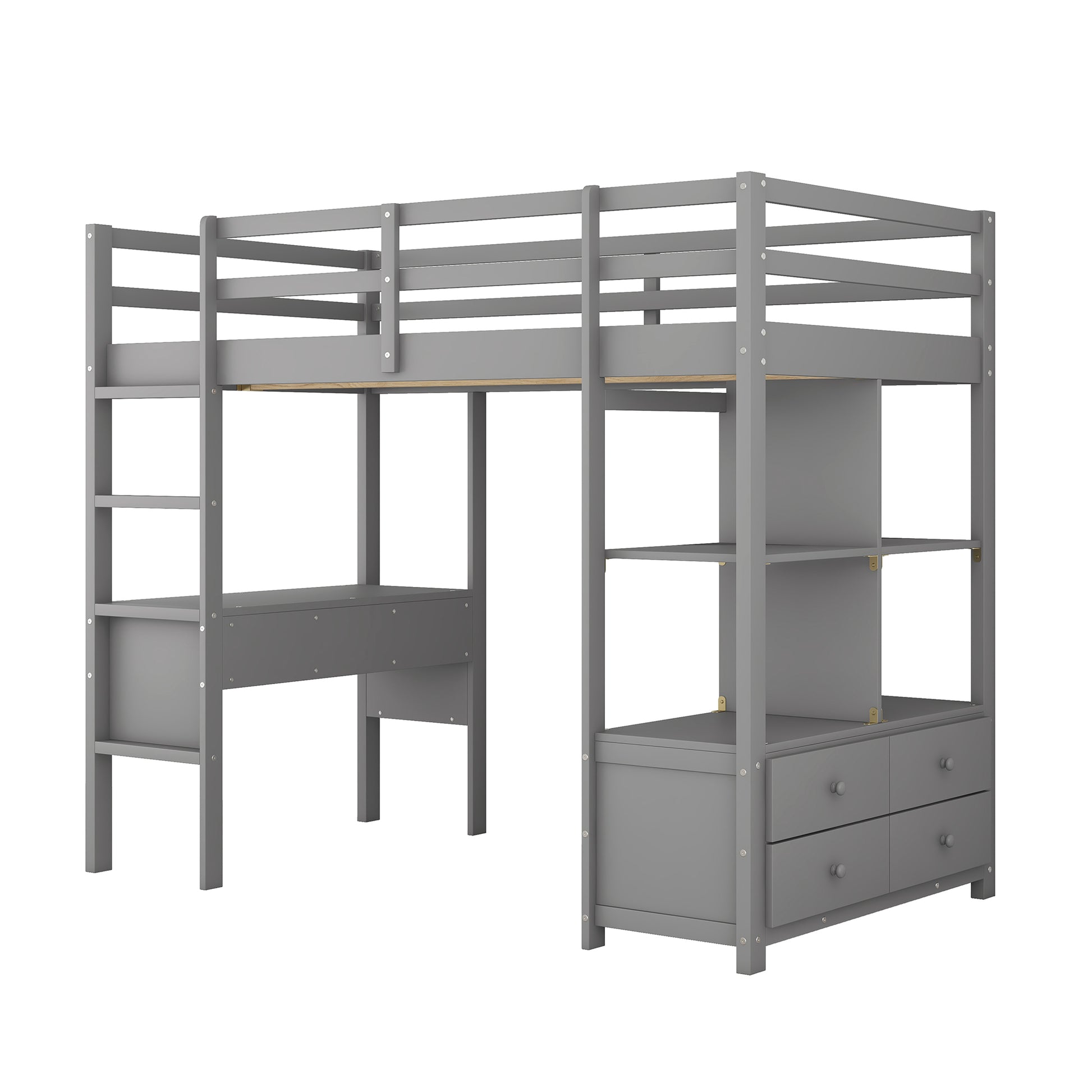 Twin Size Loft Bed With Built In Desk With Two Drawers, And Storage Shelves And Drawers,Gray Gray Pine