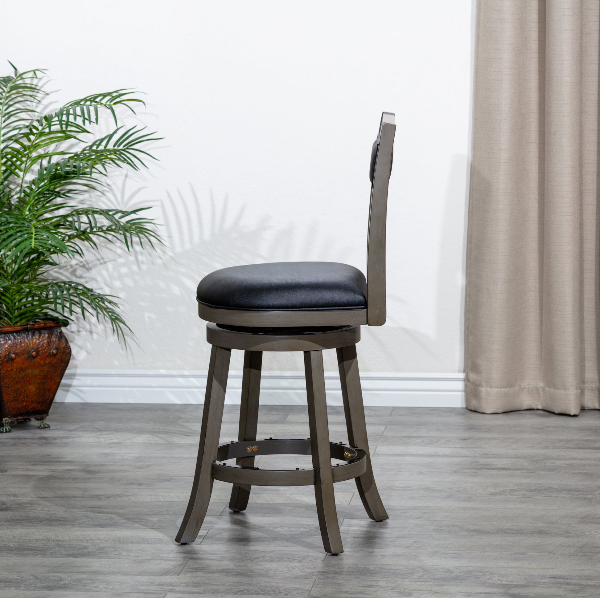 30" Bar Height X Back Swivel Stool, Weathered Gray Finish, Black Leather Seat Gray Bonded Leather