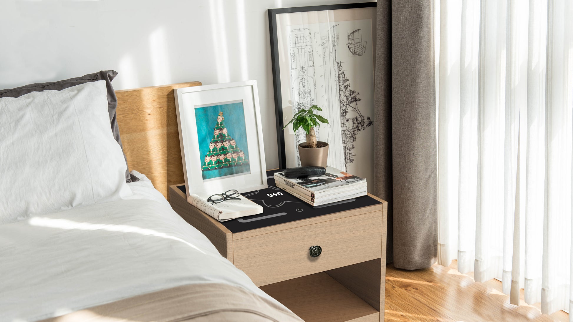 Nightstand With Wireless Charging Station Grey Mdf