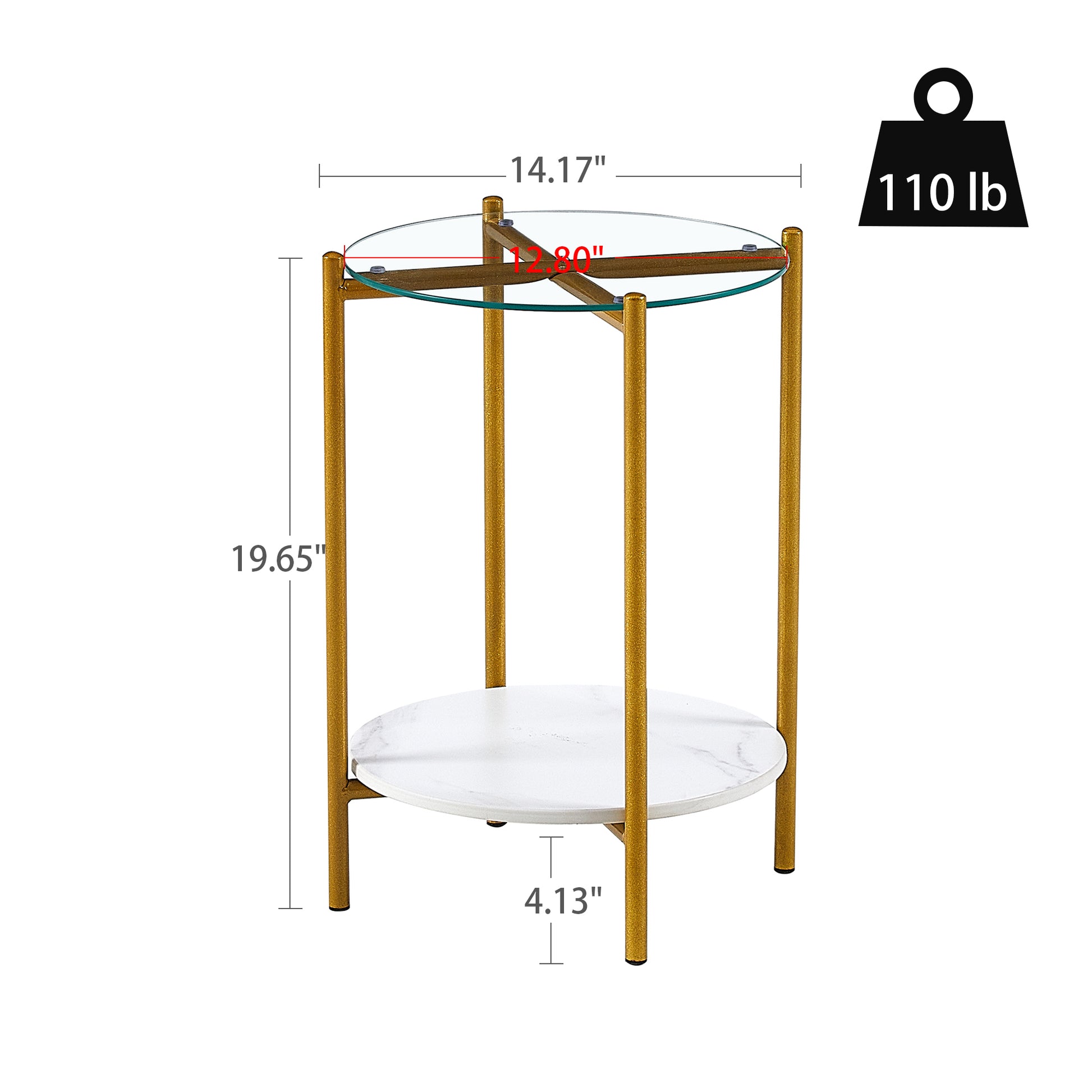 2 Layer End Table With Tempered Glass And Marble Tabletop, Round Coffee Table With Golden Metal Frame For Bedroom Living Room Office 1 Piece White Metal