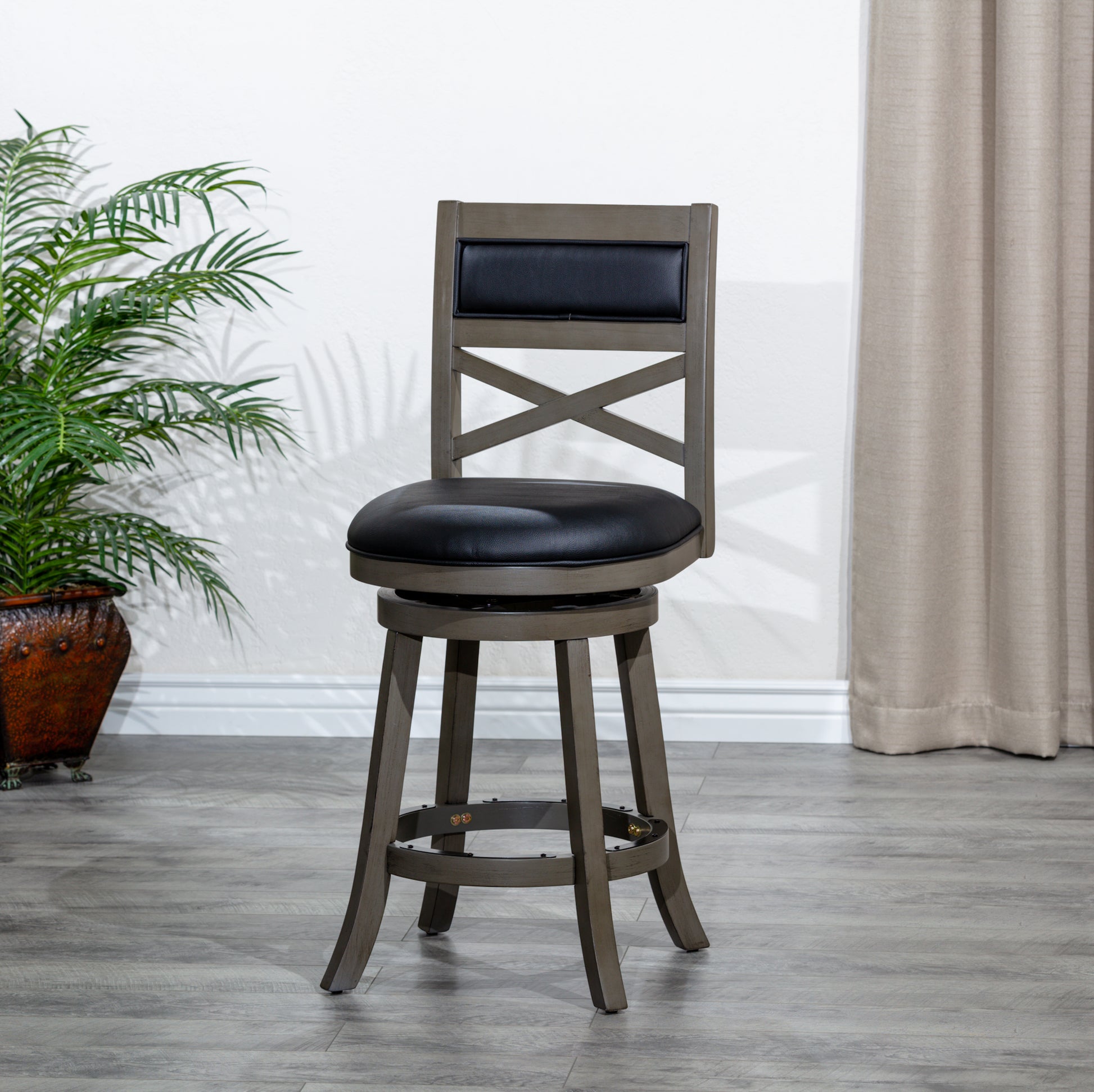 30" Bar Height X Back Swivel Stool, Weathered Gray Finish, Black Leather Seat Gray Bonded Leather