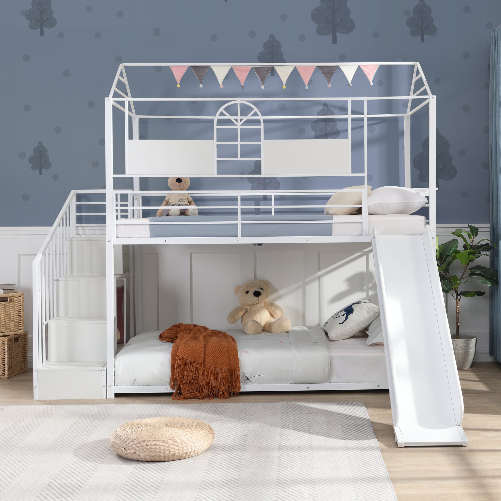 Metal Bunk Bed With Slide And Steps White Metal