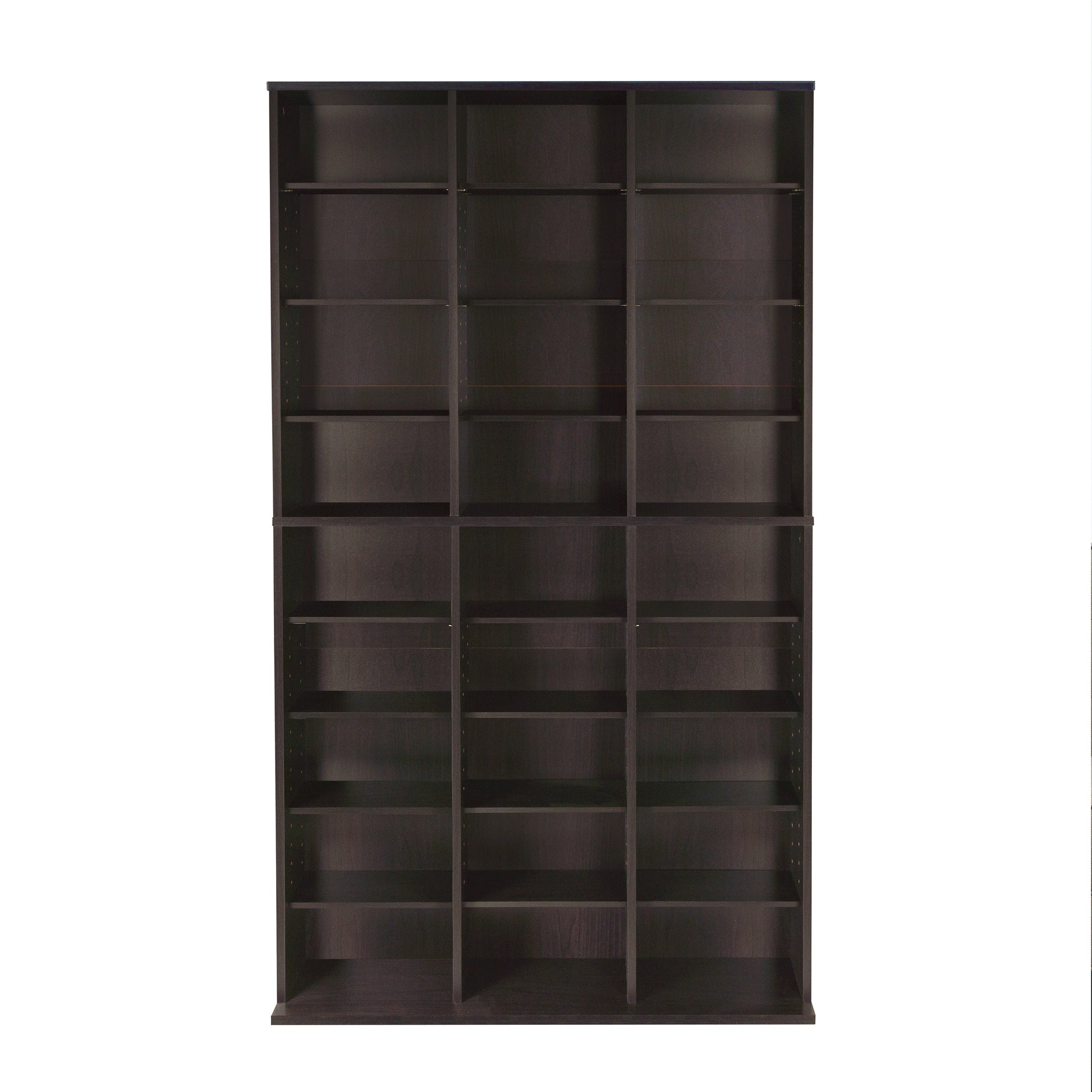 Media Shelving Unit, 6 Fixed Shelves, 18 Adjustable Shelves, Wide Base For Stability In Espresso Brown Black Brown Particle Board