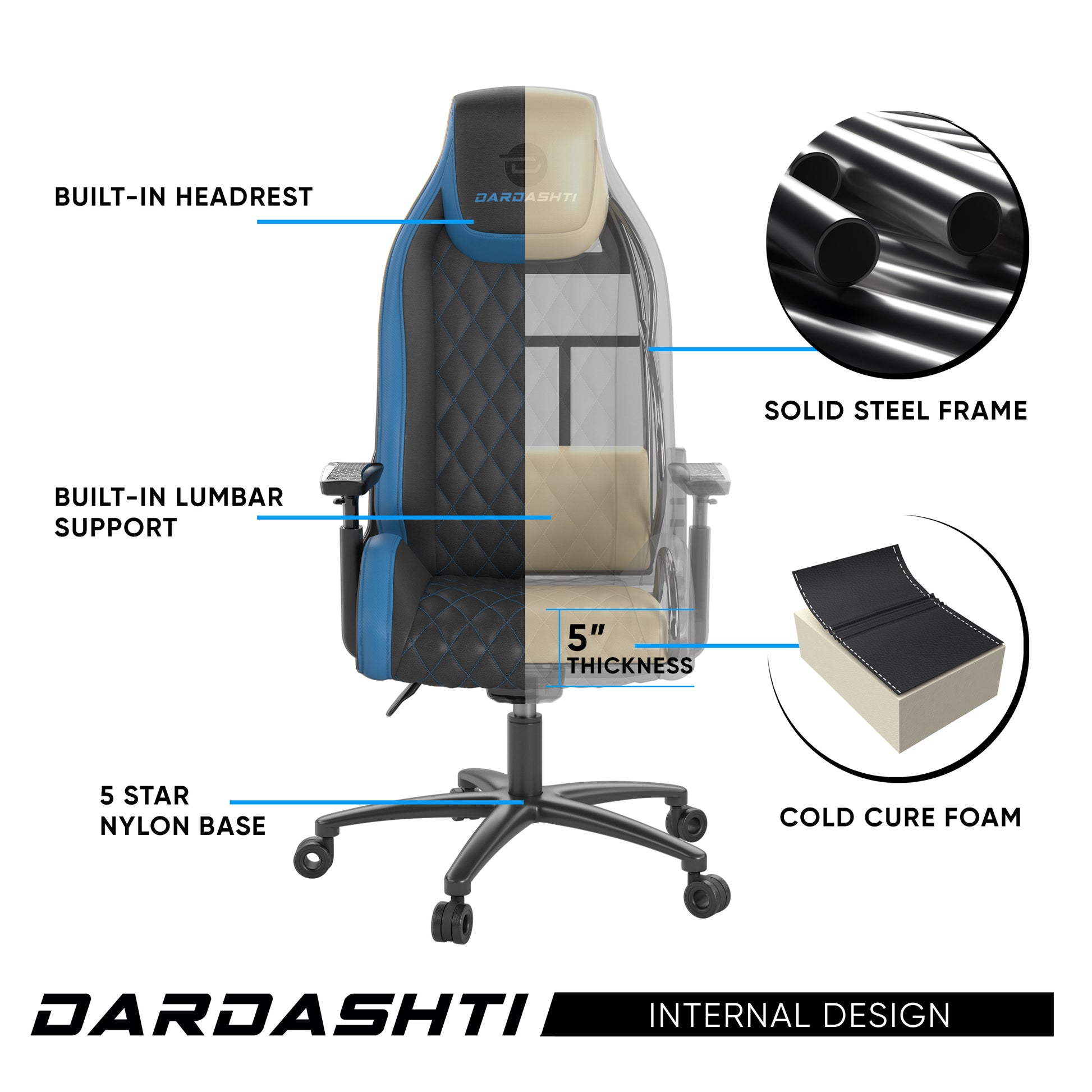 Next Gen Ergonomic Gaming Chair, 8 Way Adjustable Arm Rest, Multi Tilt, Steel Frame In Blue Blue Foam
