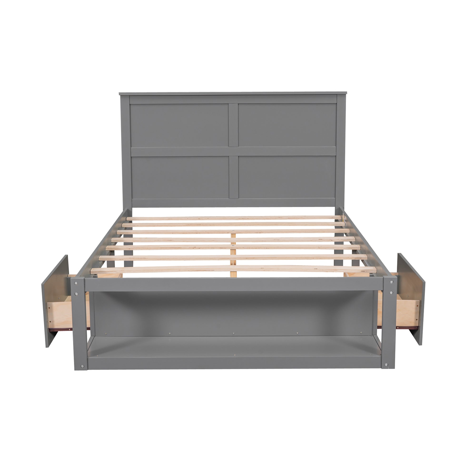 Full Size Platform Bed With Drawer On The Each Side And Shelf On The End Of The Bed, Gray Gray Pine