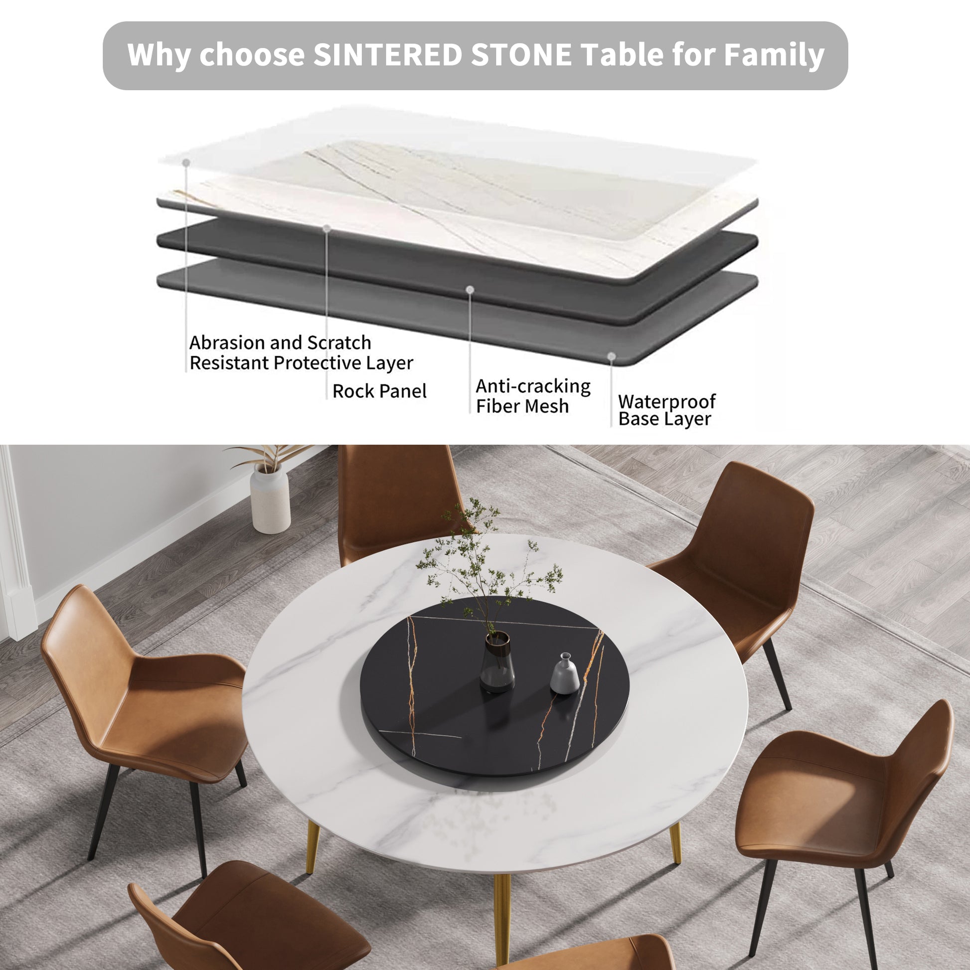 59.05"Modern Artificial Stone Round Golden Metal Dining Table Can Accommodate 6 People 31.5"Black Artificial Stone Turntable White Black Metal Marble