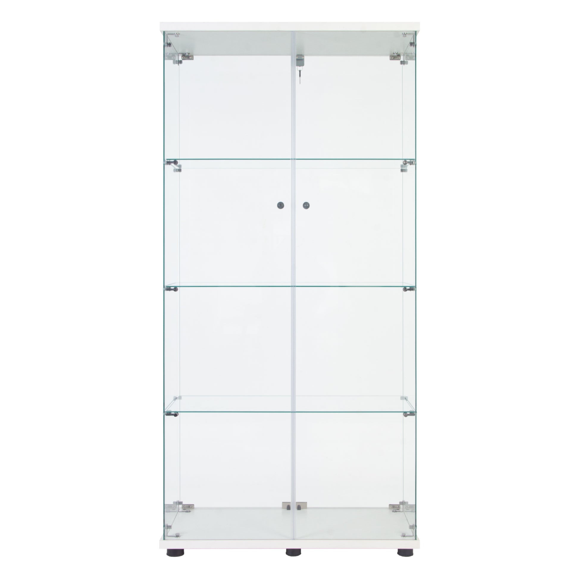 Lighted Two Door Glass Cabinet Glass Display Cabinet With 4 Shelves, White White Glass