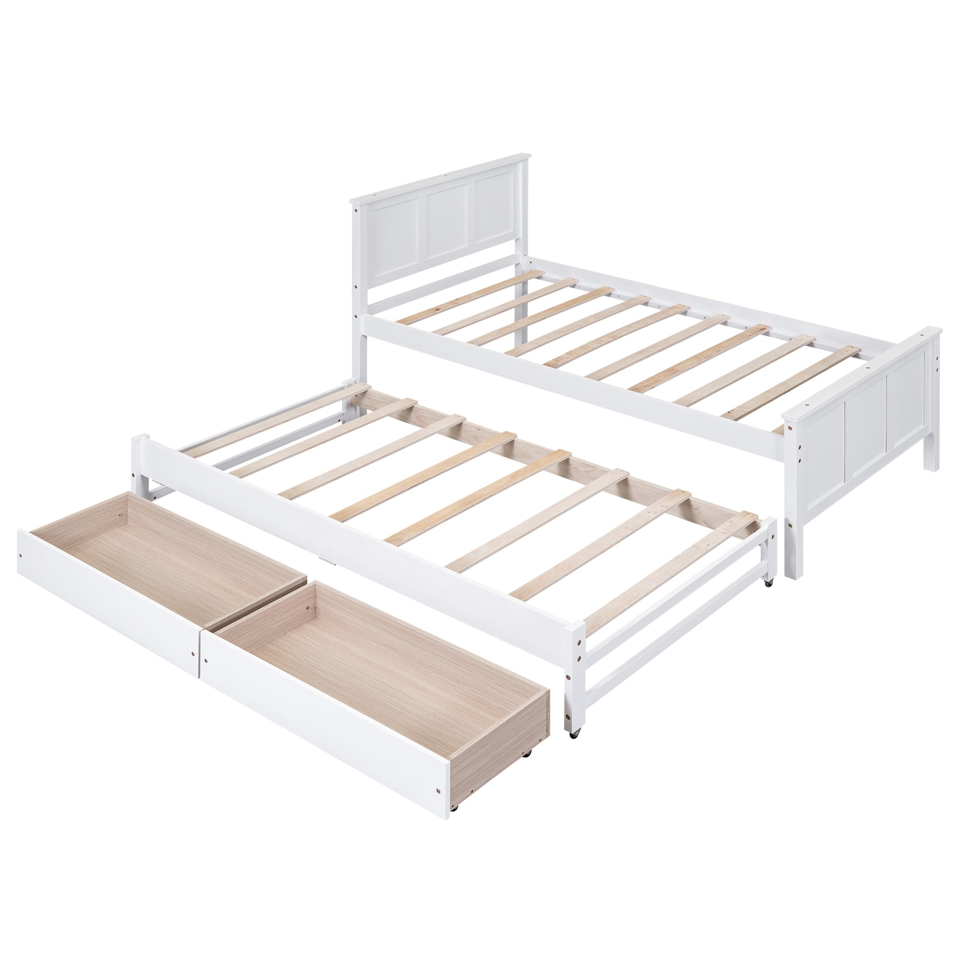 Twin Size Platform Bed With Trundle And Drawers, White White Pine