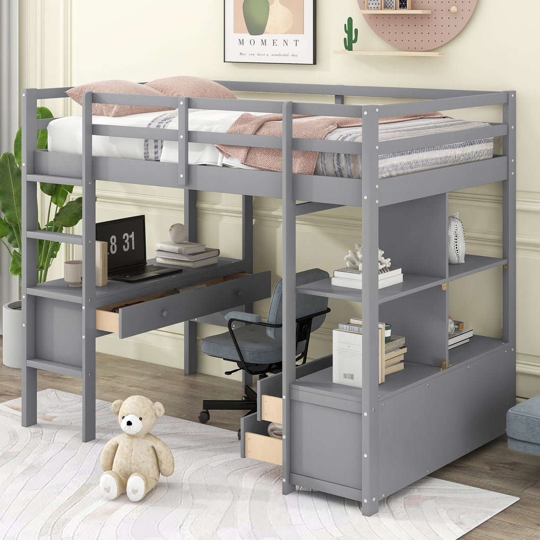 Twin Size Loft Bed With Built In Desk With Two Drawers, And Storage Shelves And Drawers,Gray Gray Pine
