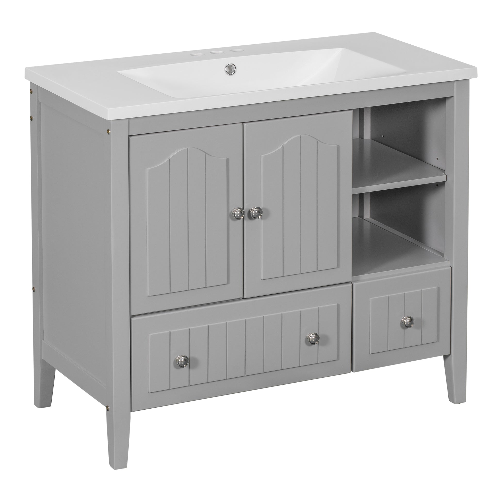 Video 36" Bathroom Vanity With Ceramic Basin, Bathroom Storage Cabinet With Two Doors And Drawers, Solid Frame, Metal Handles, Grey Old Sku: Jl000003Aae Grey Solid Wood