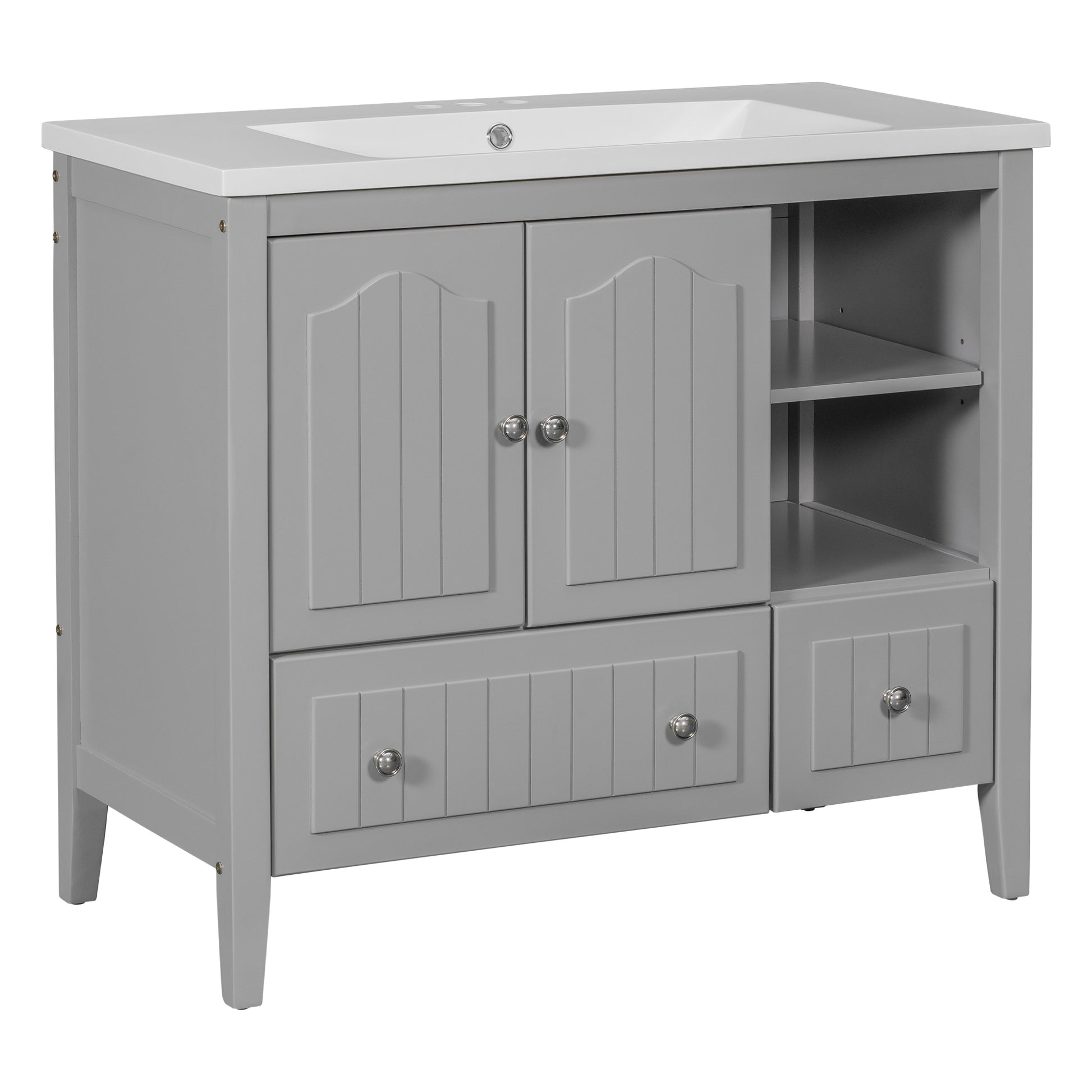 Video 36" Bathroom Vanity With Ceramic Basin, Bathroom Storage Cabinet With Two Doors And Drawers, Solid Frame, Metal Handles, Grey Old Sku: Jl000003Aae Grey Solid Wood