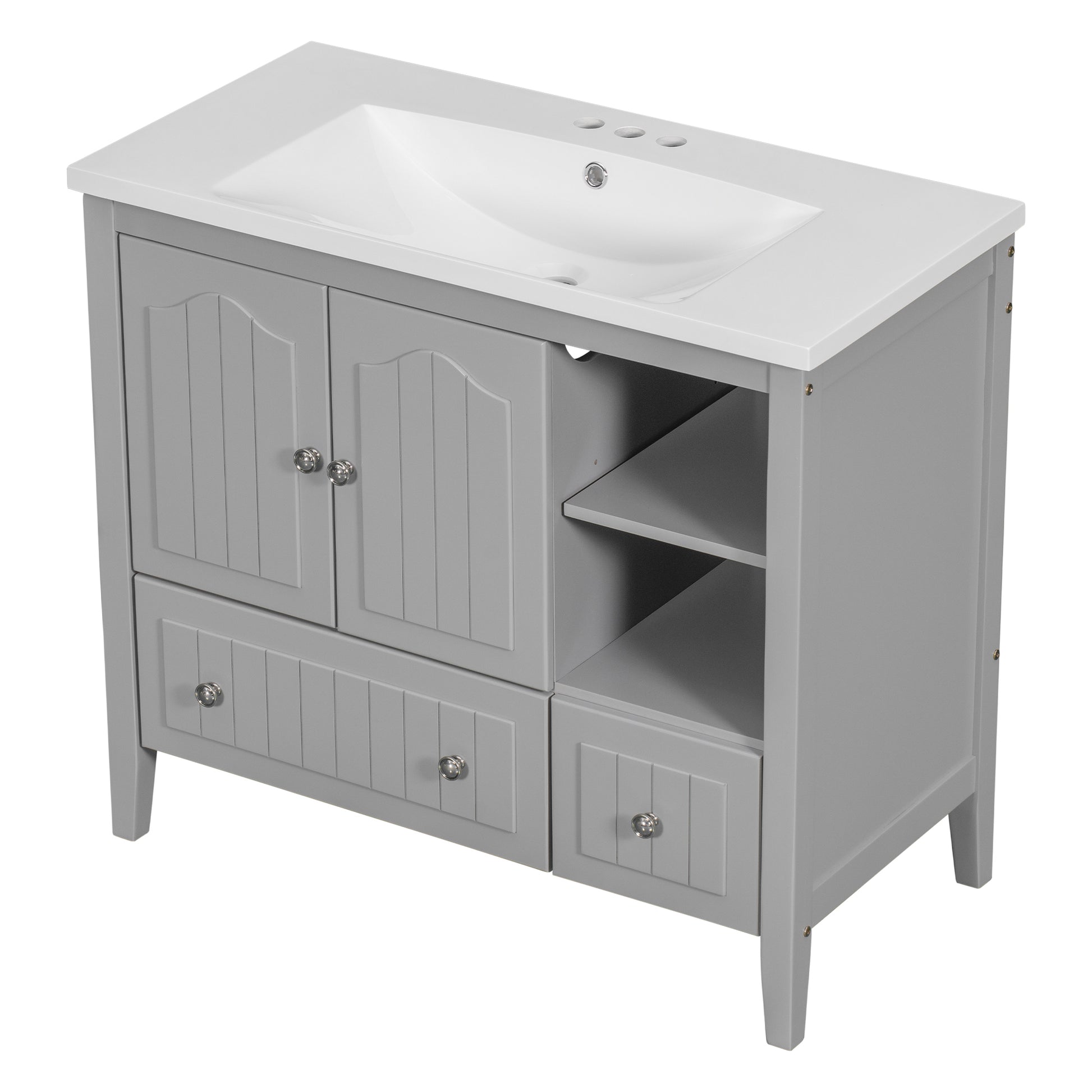 Video 36" Bathroom Vanity With Ceramic Basin, Bathroom Storage Cabinet With Two Doors And Drawers, Solid Frame, Metal Handles, Grey Old Sku: Jl000003Aae Grey Solid Wood