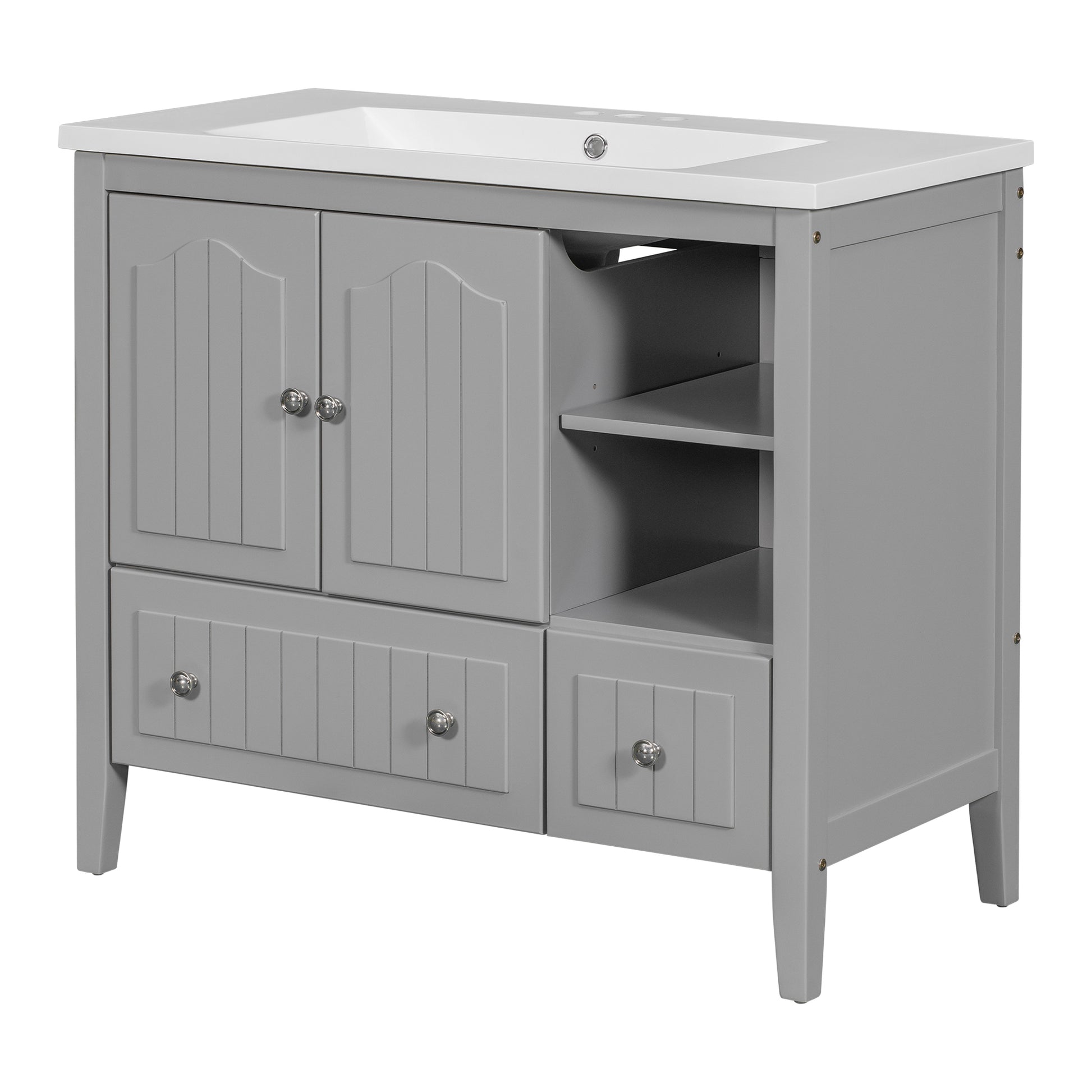 Video 36" Bathroom Vanity With Ceramic Basin, Bathroom Storage Cabinet With Two Doors And Drawers, Solid Frame, Metal Handles, Grey Old Sku: Jl000003Aae Grey Solid Wood