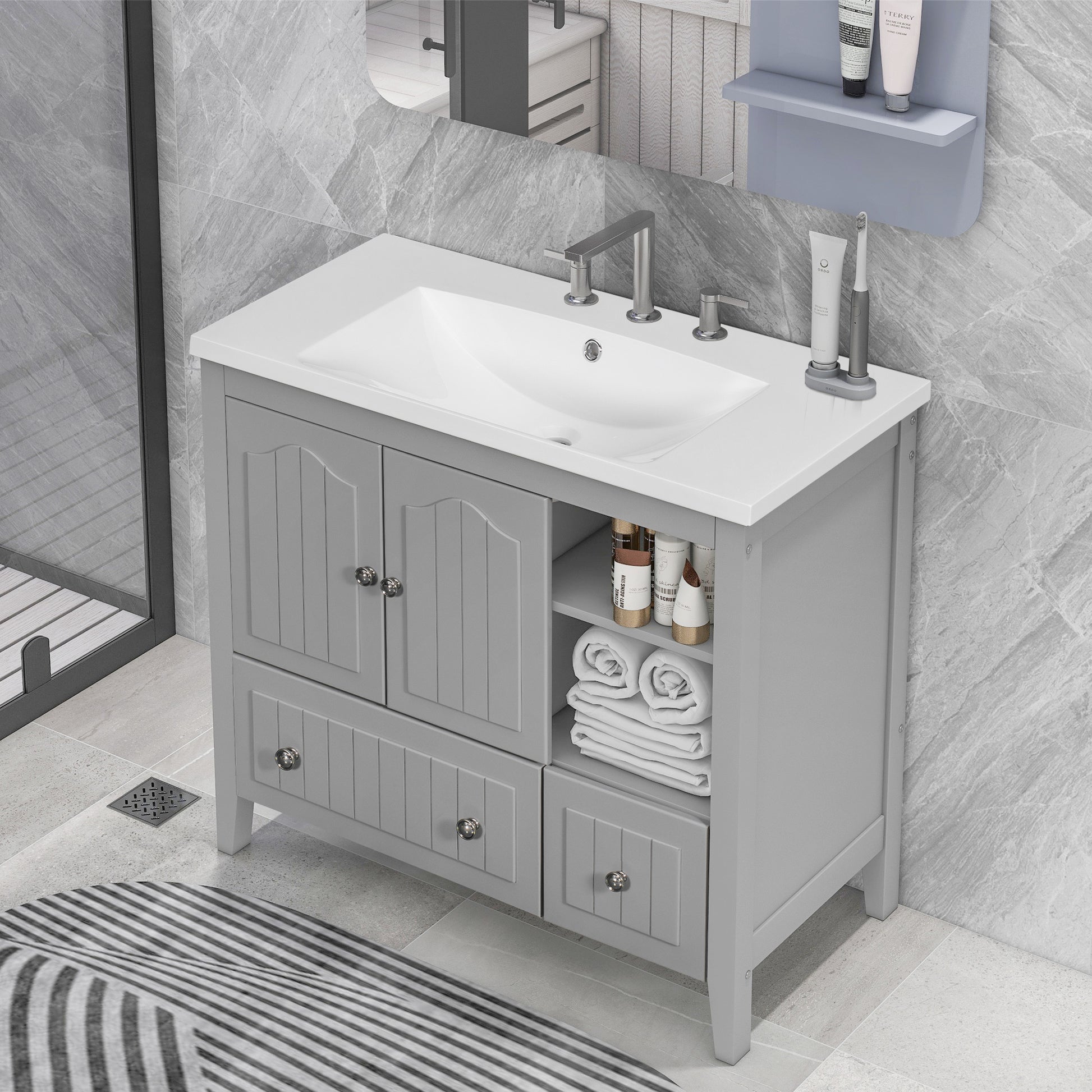 Video 36" Bathroom Vanity With Ceramic Basin, Bathroom Storage Cabinet With Two Doors And Drawers, Solid Frame, Metal Handles, Grey Old Sku: Jl000003Aae Grey Solid Wood