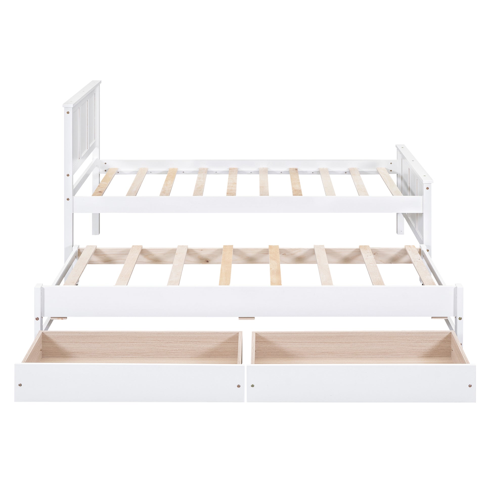 Twin Size Platform Bed With Trundle And Drawers, White White Pine