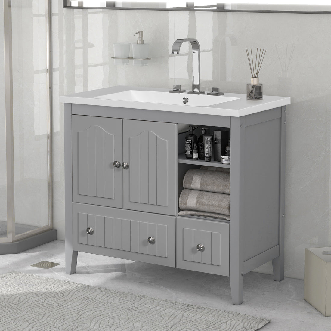 Video 36" Bathroom Vanity With Ceramic Basin, Bathroom Storage Cabinet With Two Doors And Drawers, Solid Frame, Metal Handles, Grey Old Sku: Jl000003Aae Grey Solid Wood