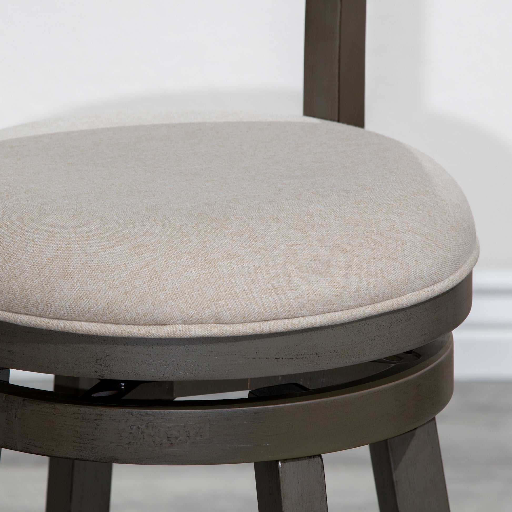 24" Counter Height Slat Back Swivel Stool, Weathered Gray Finish, Beige Fabric Seat Gray Fabric