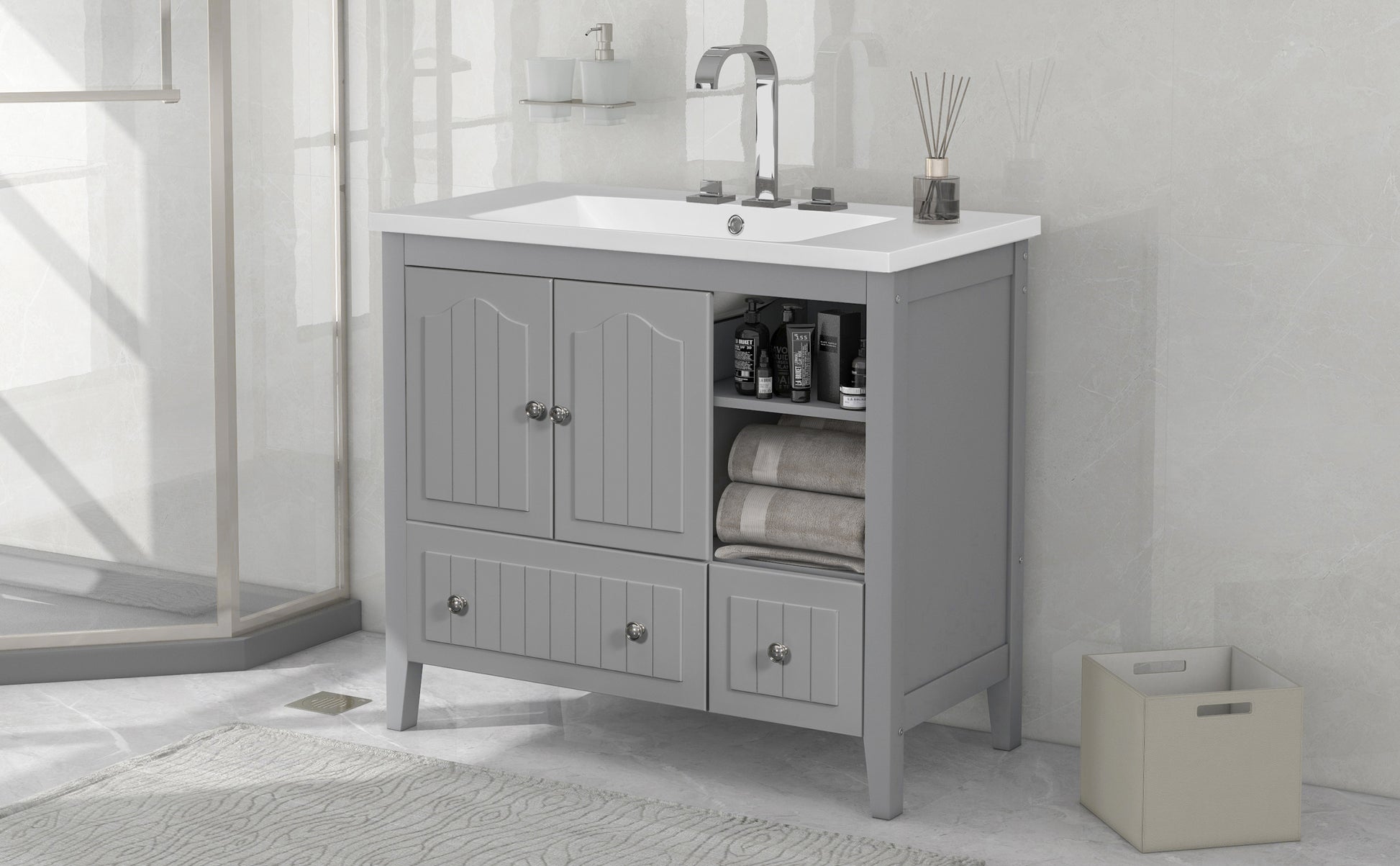 Video 36" Bathroom Vanity With Ceramic Basin, Bathroom Storage Cabinet With Two Doors And Drawers, Solid Frame, Metal Handles, Grey Old Sku: Jl000003Aae Grey Solid Wood