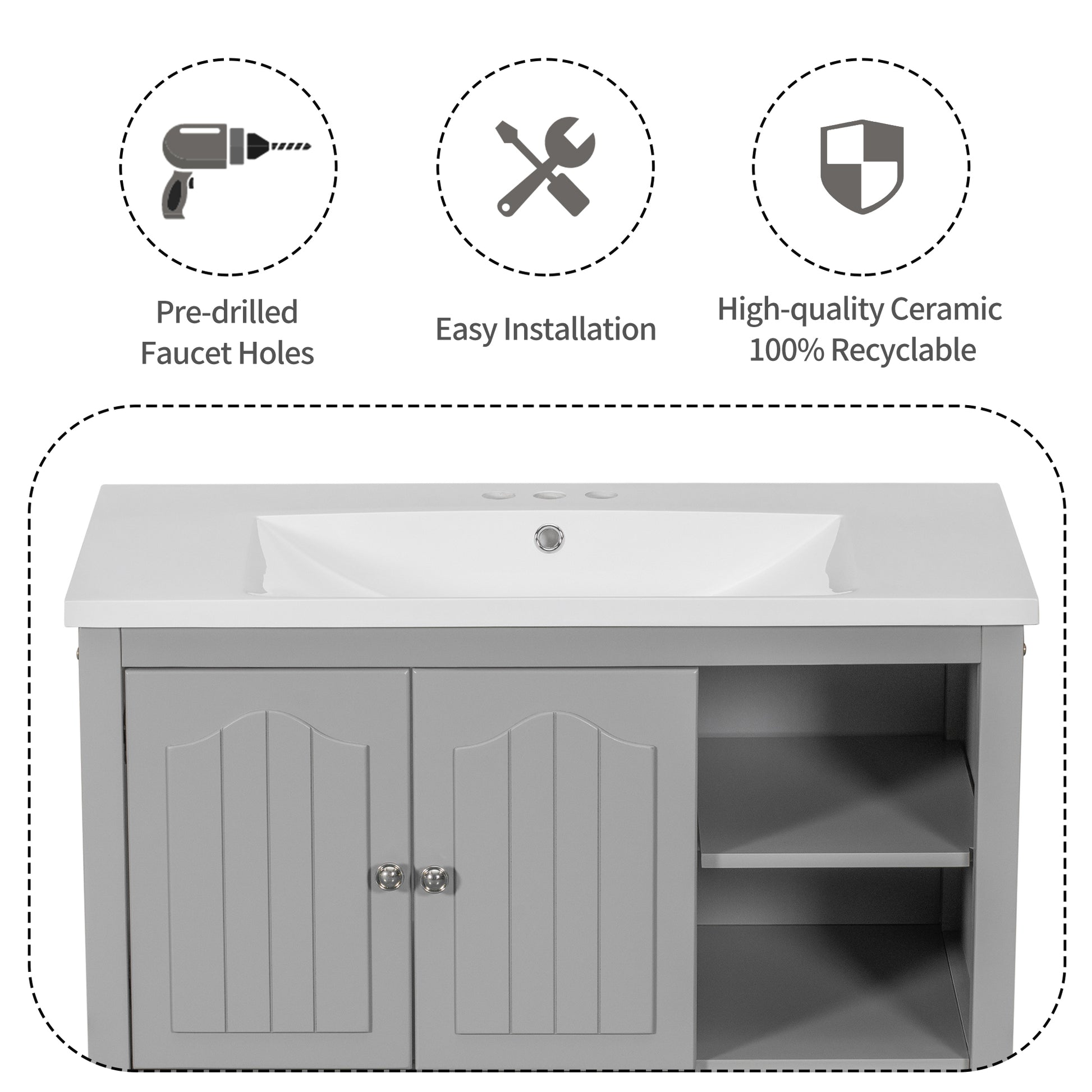 Video 36" Bathroom Vanity With Ceramic Basin, Bathroom Storage Cabinet With Two Doors And Drawers, Solid Frame, Metal Handles, Grey Old Sku: Jl000003Aae Grey Solid Wood