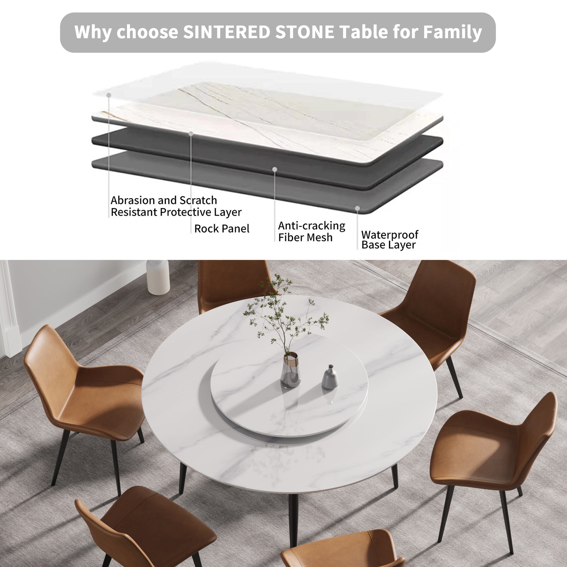 59.05"Modern Artificial Stone Round Black Metal Dining Table Can Accommodate 6 People 31.5"White Artificial Stone Turntable White Metal Marble