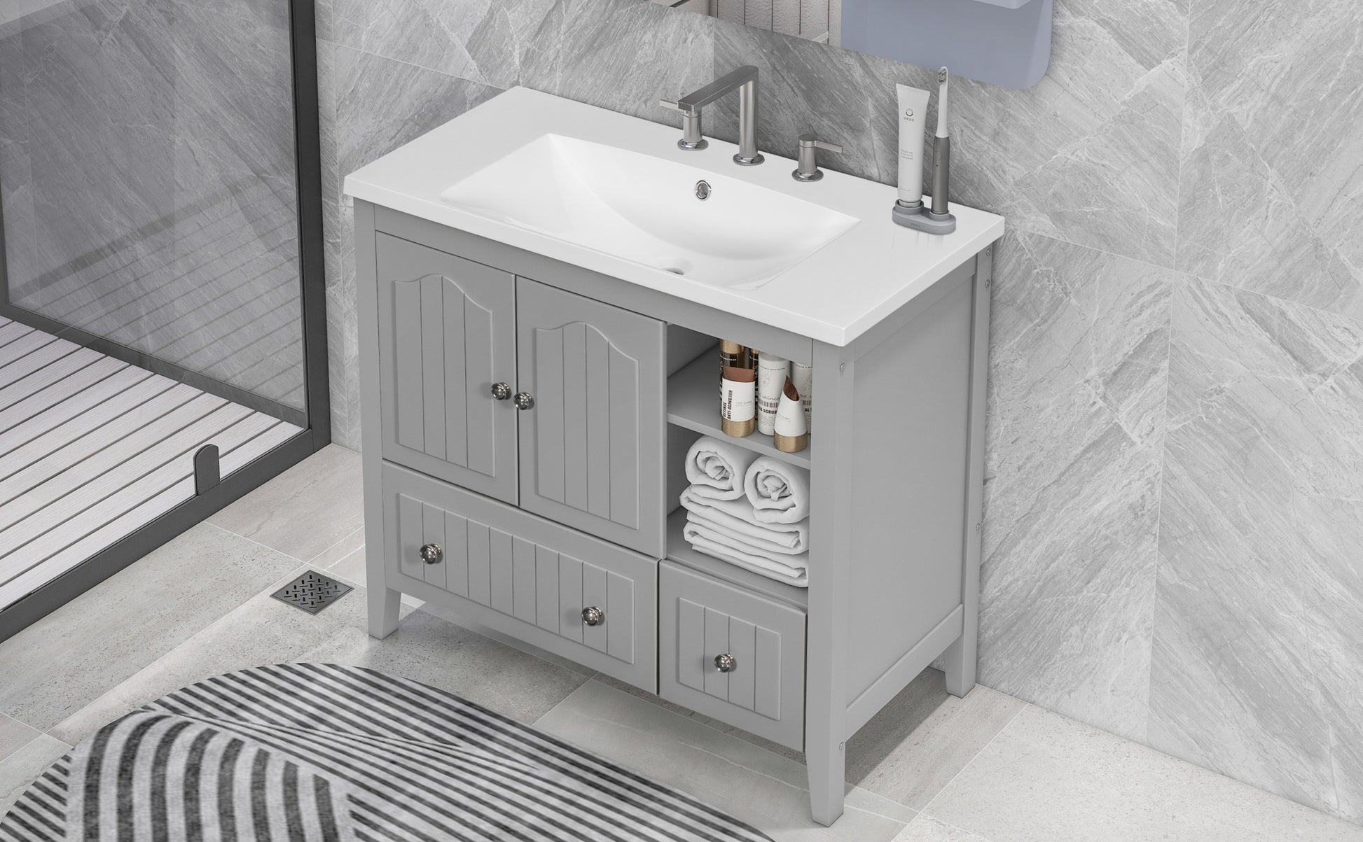 Video 36" Bathroom Vanity With Ceramic Basin, Bathroom Storage Cabinet With Two Doors And Drawers, Solid Frame, Metal Handles, Grey Old Sku: Jl000003Aae Grey Solid Wood