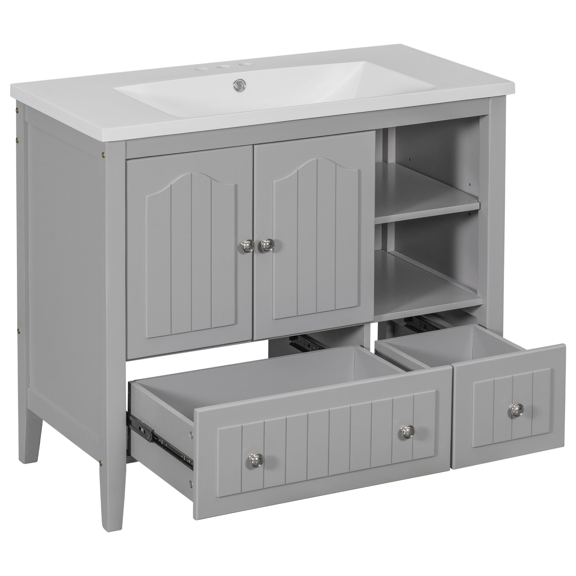 Video 36" Bathroom Vanity With Ceramic Basin, Bathroom Storage Cabinet With Two Doors And Drawers, Solid Frame, Metal Handles, Grey Old Sku: Jl000003Aae Grey Solid Wood