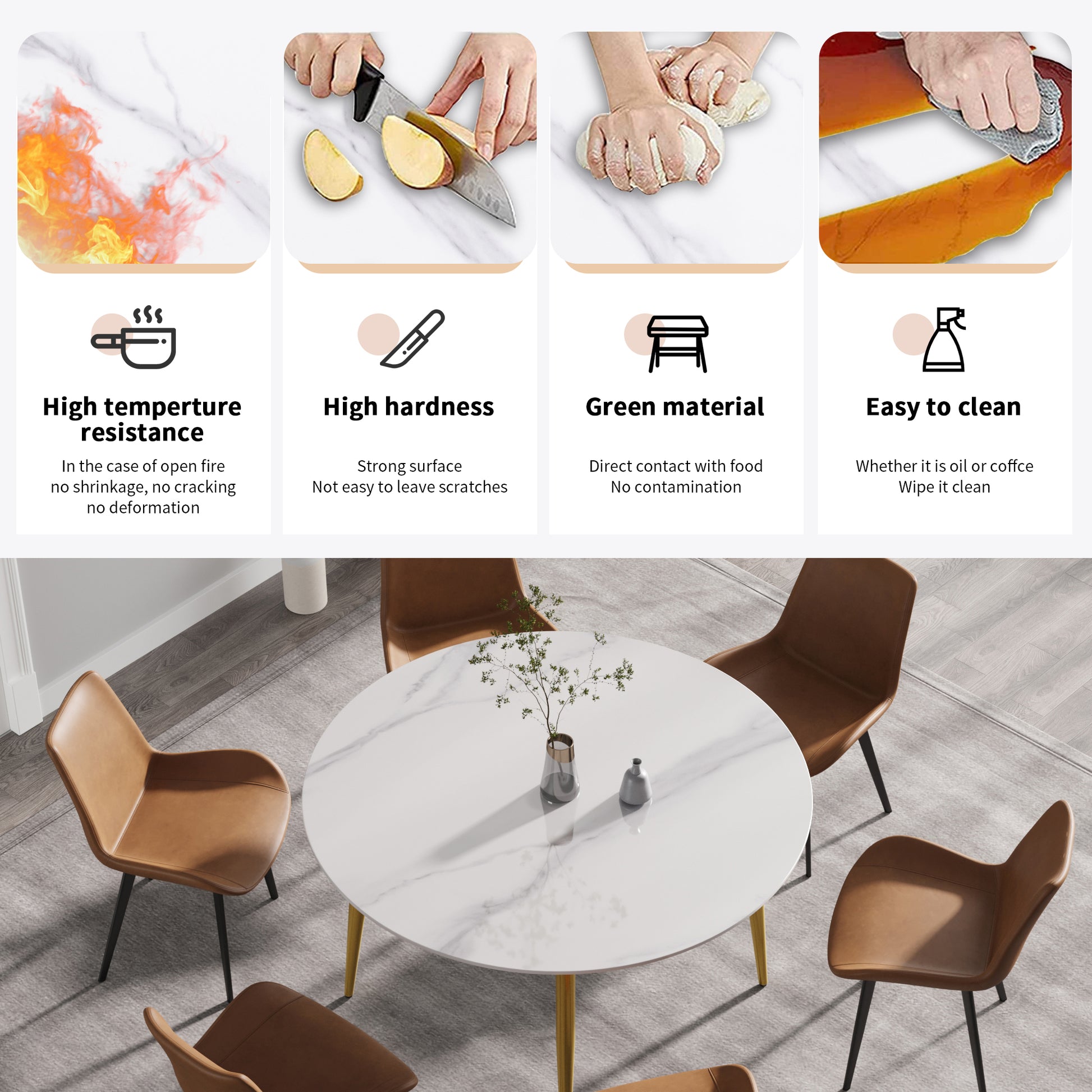 53.15"Modern Man Made Stone Round Golden Metal Dining Table Position For 6 People White Metal Sintered Stone