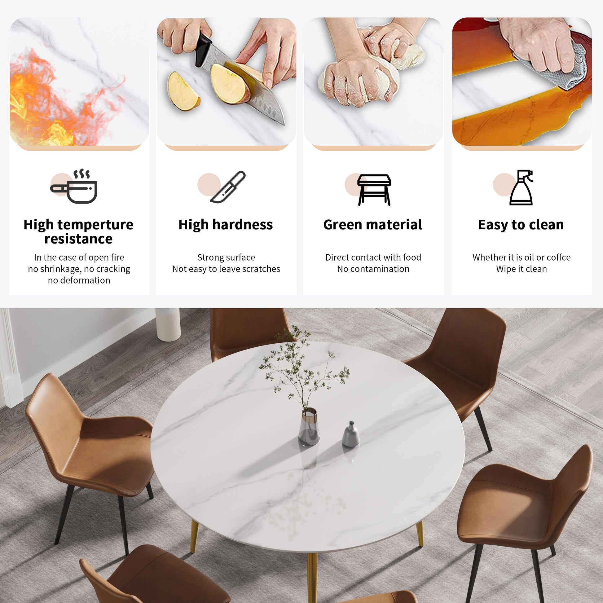 59.05"Modern Man Made Stone Round Golden Metal Dining Table Position For 6 People White Metal Marble