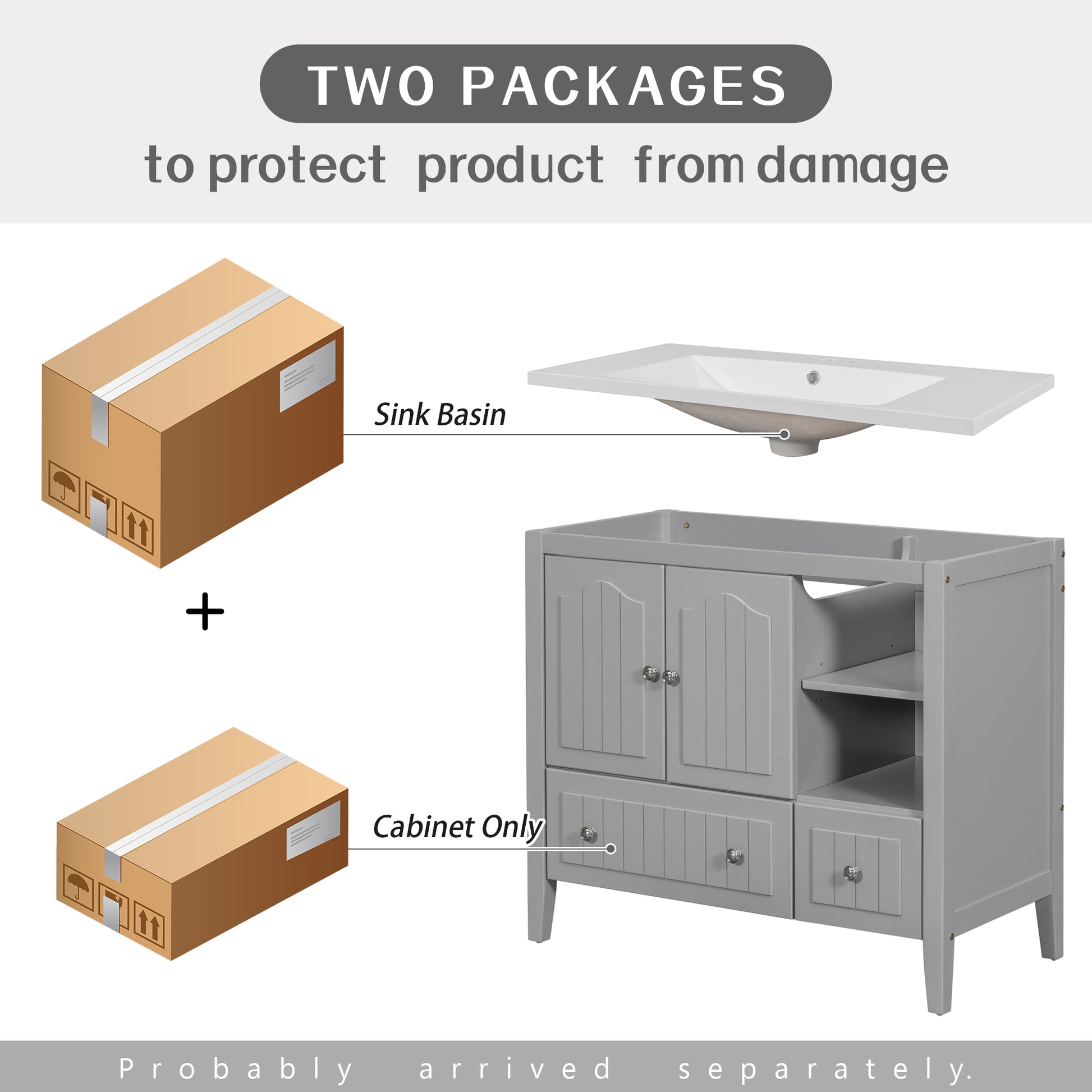 Video 36" Bathroom Vanity With Ceramic Basin, Bathroom Storage Cabinet With Two Doors And Drawers, Solid Frame, Metal Handles, Grey Old Sku: Jl000003Aae Grey Solid Wood