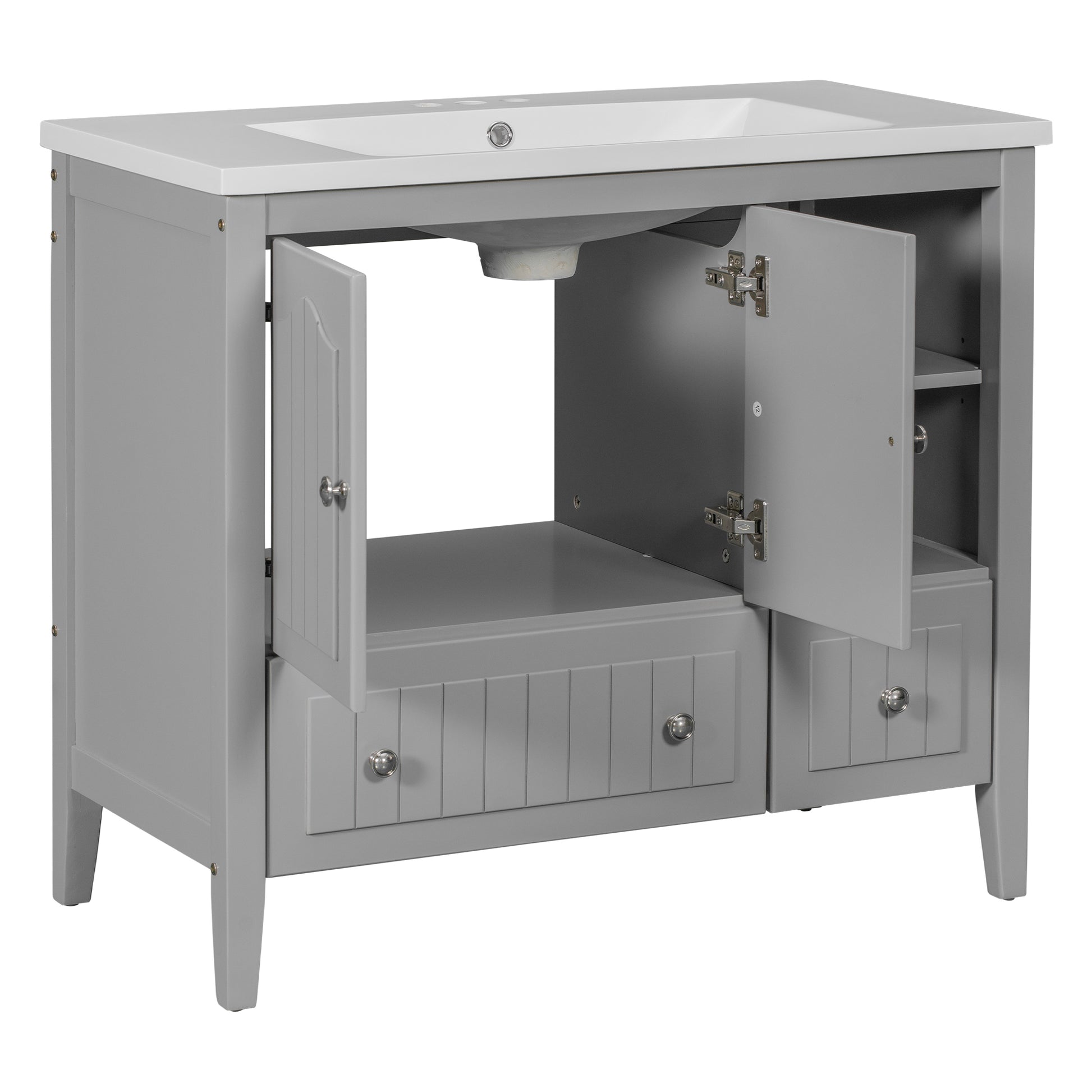 Video 36" Bathroom Vanity With Ceramic Basin, Bathroom Storage Cabinet With Two Doors And Drawers, Solid Frame, Metal Handles, Grey Old Sku: Jl000003Aae Grey Solid Wood