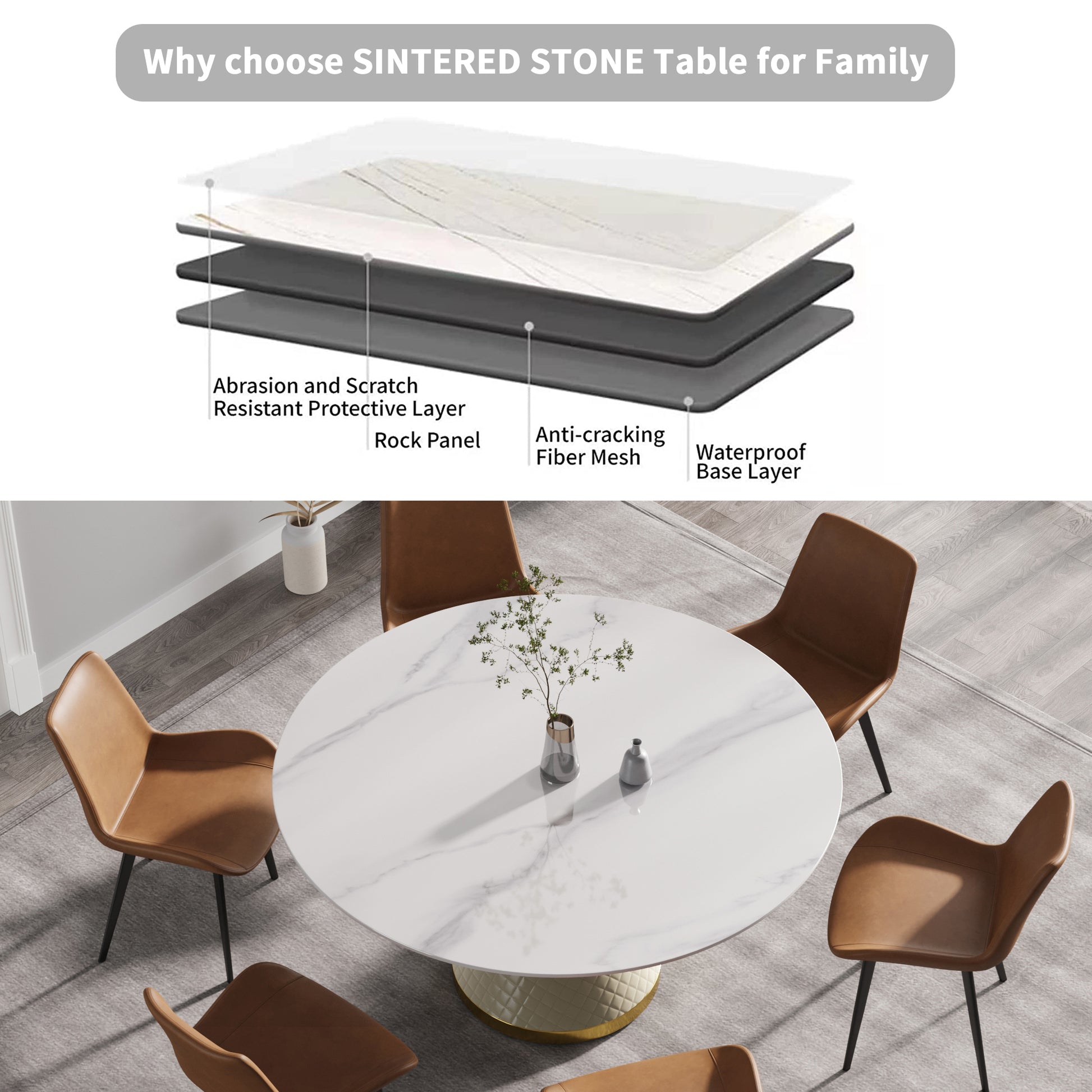 59.05"Modern Artificial Stone Round White Carbon Steel Base Dining Table Can Accommodate 6 People White Metal Marble