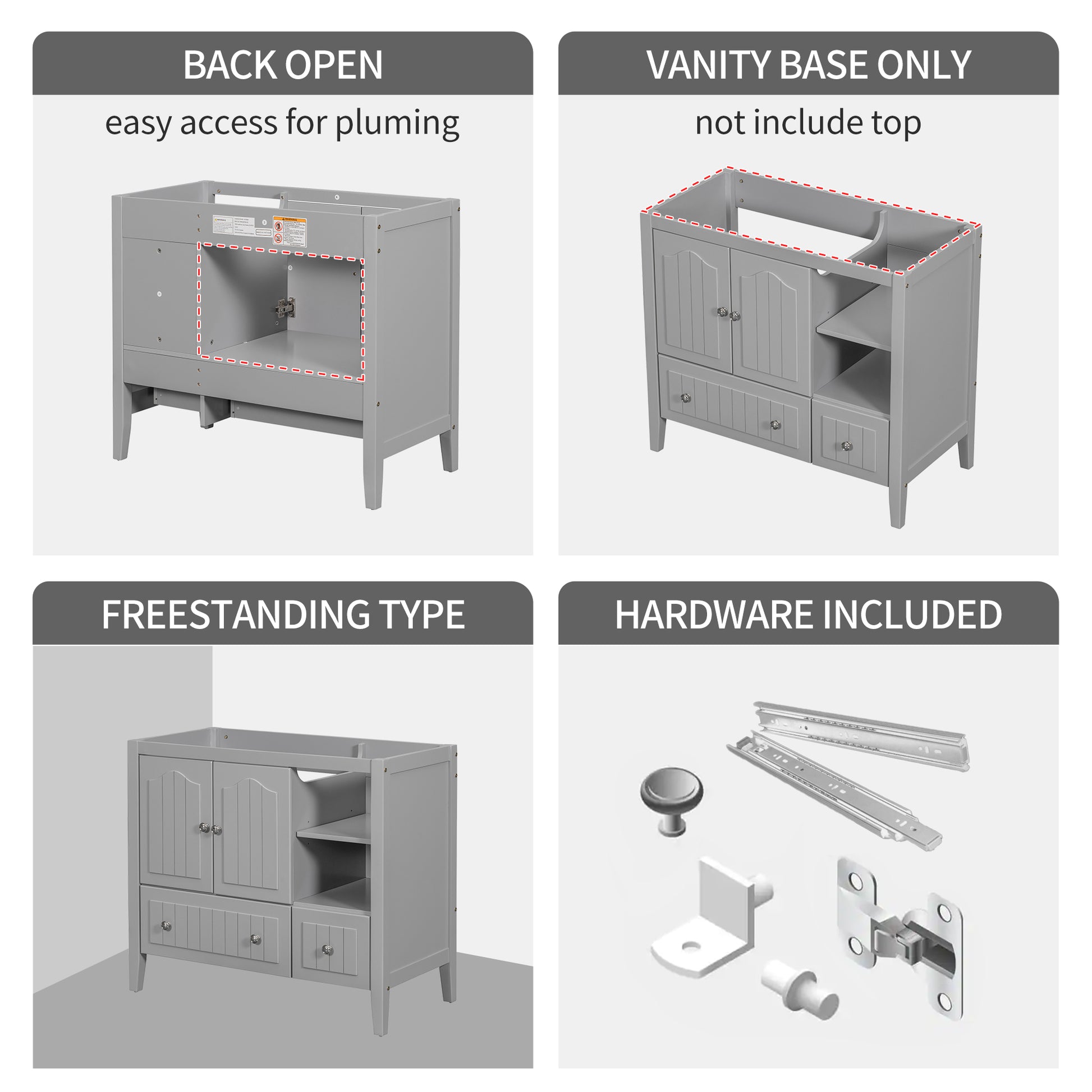 36" Bathroom Vanity Base Only, Solid Wood Frame And Mdf Boards, Grey Grey Solid Wood