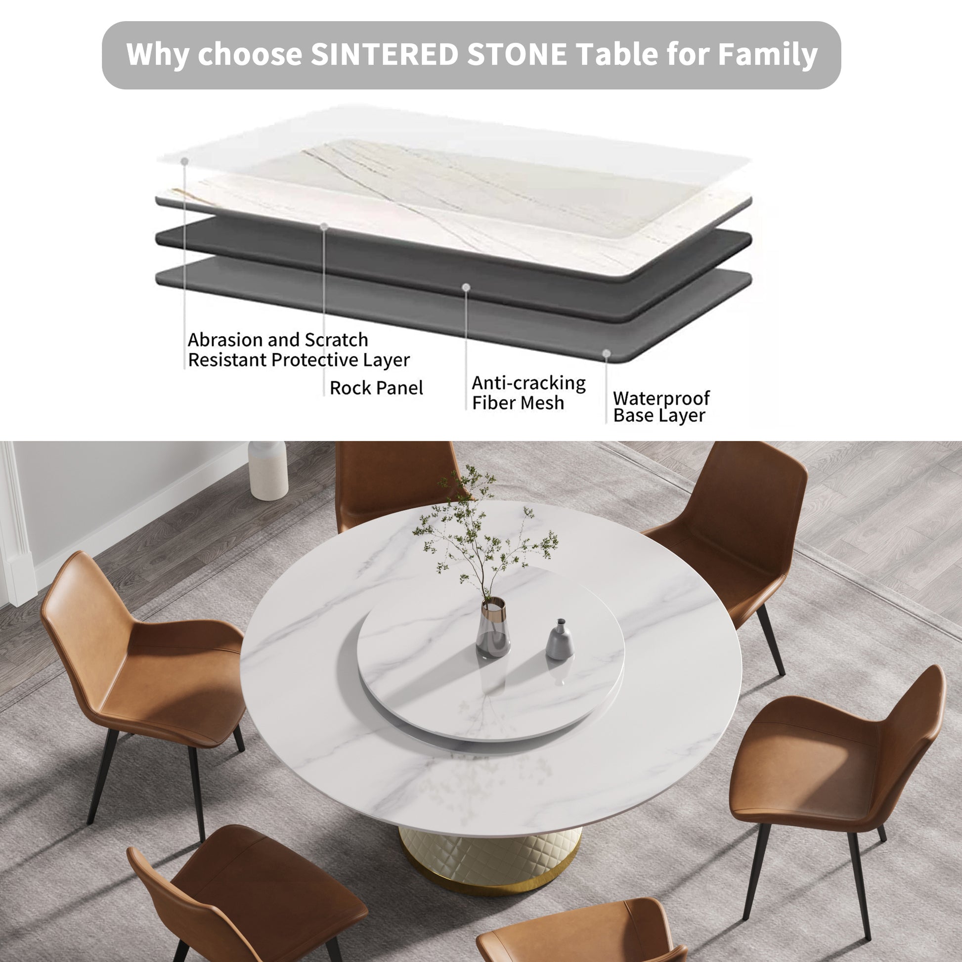 59.05"Modern Artificial Stone Round White Carbon Steel Base Dining Table Can Accommodate 6 People 31.5"White Artificial Stone Turntable White Metal Marble