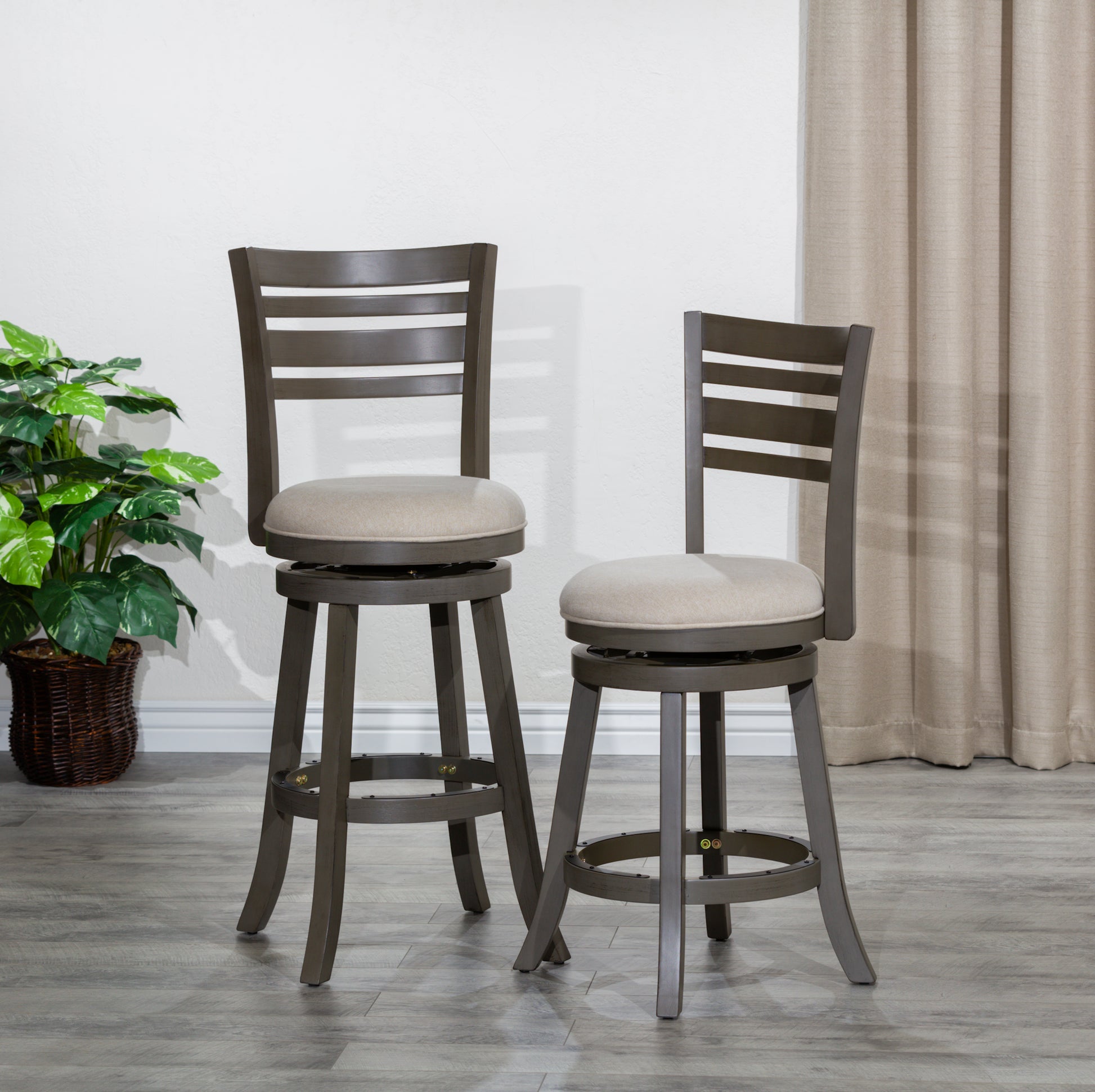 24" Counter Height Slat Back Swivel Stool, Weathered Gray Finish, Beige Fabric Seat Gray Fabric