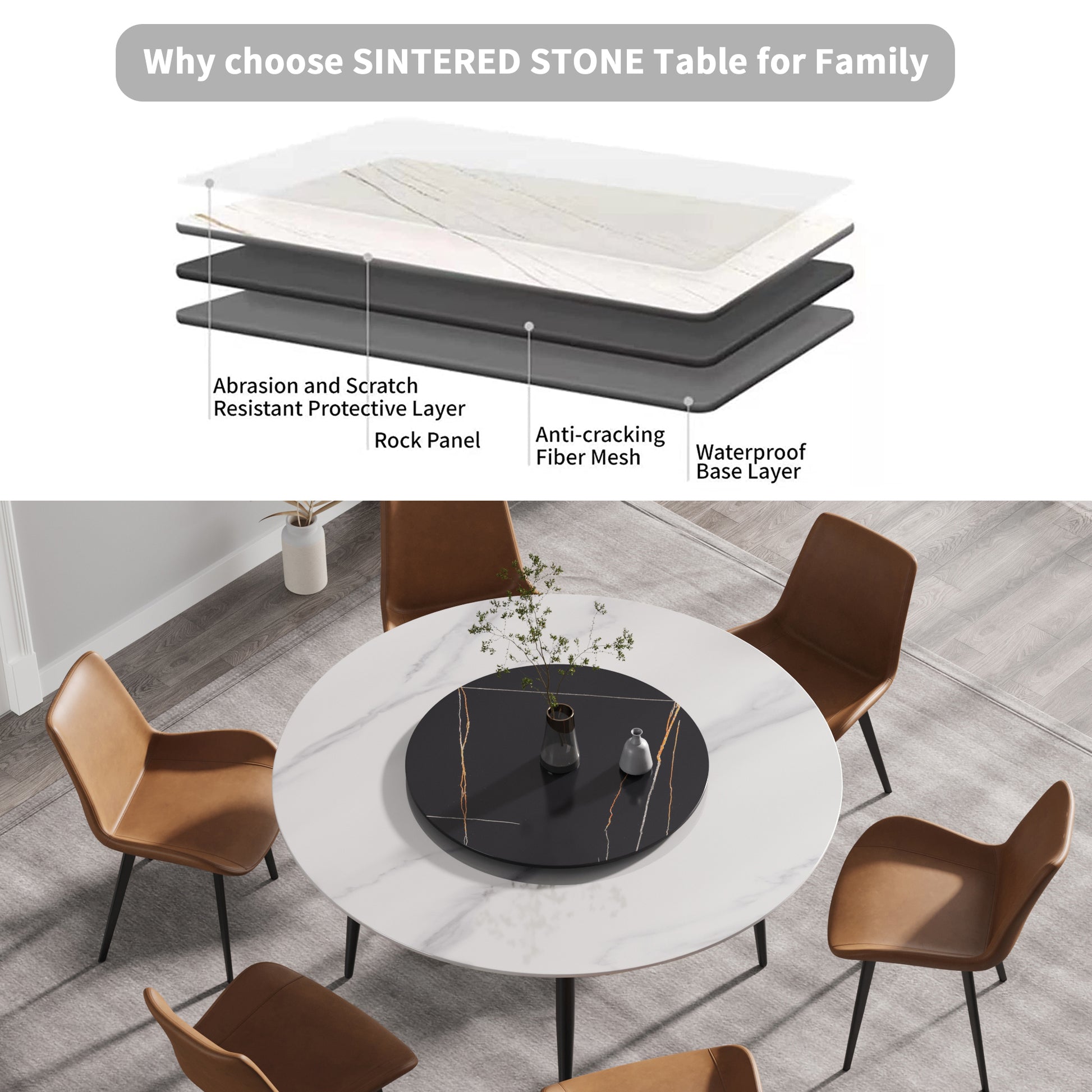 59.05"Modern Artificial Stone Round Black Metal Dining Table Can Accommodate 6 People 31.5"Black Artificial Stone Turntable Black White Metal Marble