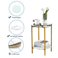 2 Layer End Table With Tempered Glass And Marble Tabletop, Round Coffee Table With Golden Metal Frame For Bedroom Living Room Office 1 Piece White Metal