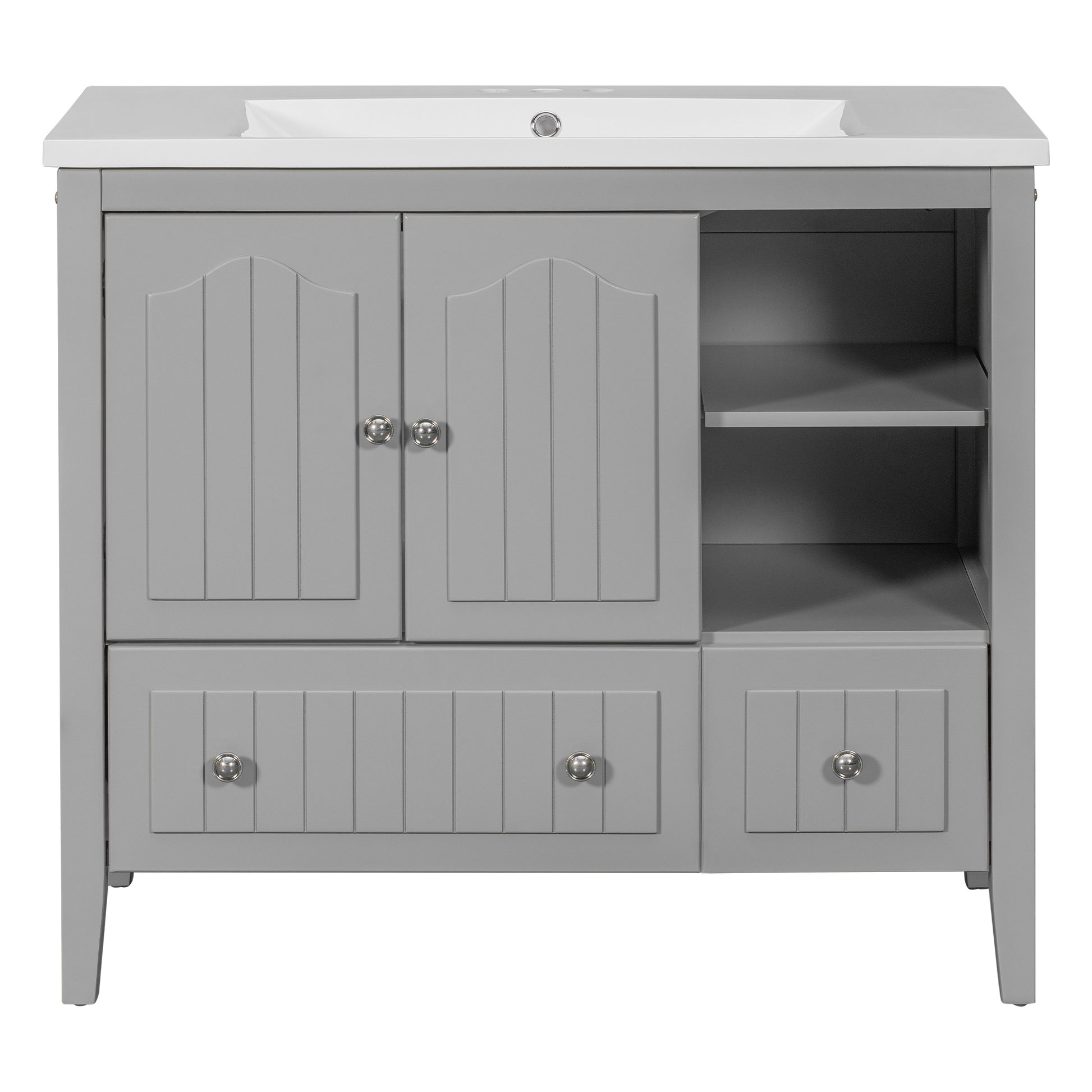 Video 36" Bathroom Vanity With Ceramic Basin, Bathroom Storage Cabinet With Two Doors And Drawers, Solid Frame, Metal Handles, Grey Old Sku: Jl000003Aae Grey Solid Wood