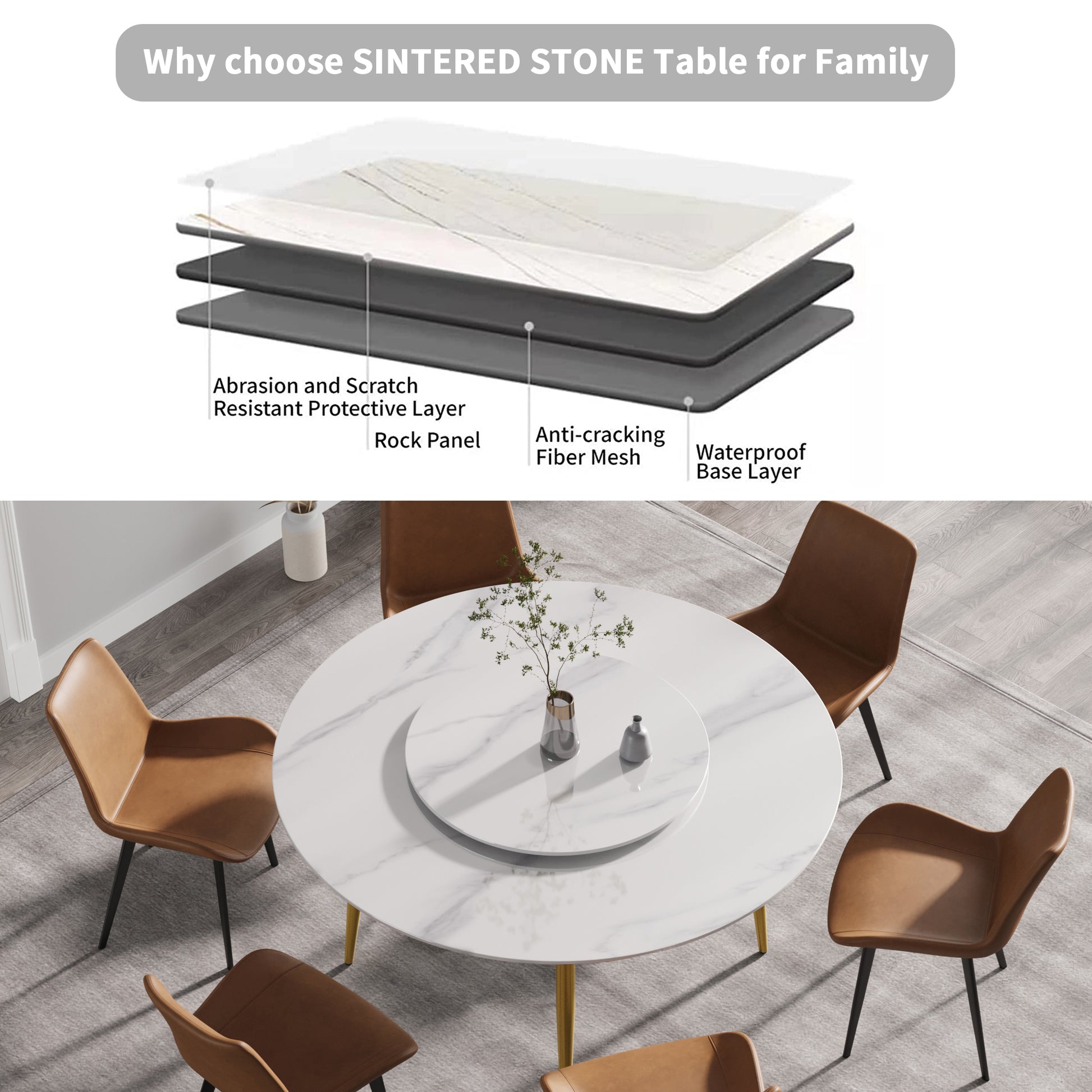 59.05"Modern Artificial Stone Round Golden Metal Dining Table Can Accommodate 6 People 31.5"White Artificial Stone Turntable White Metal Marble