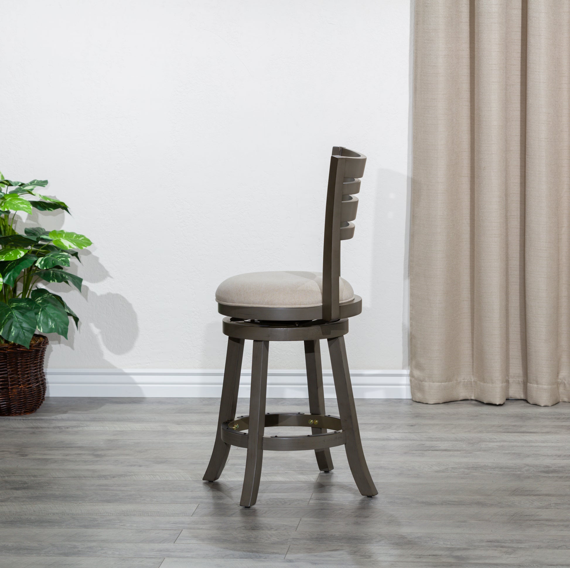 24" Counter Height Slat Back Swivel Stool, Weathered Gray Finish, Beige Fabric Seat Gray Fabric