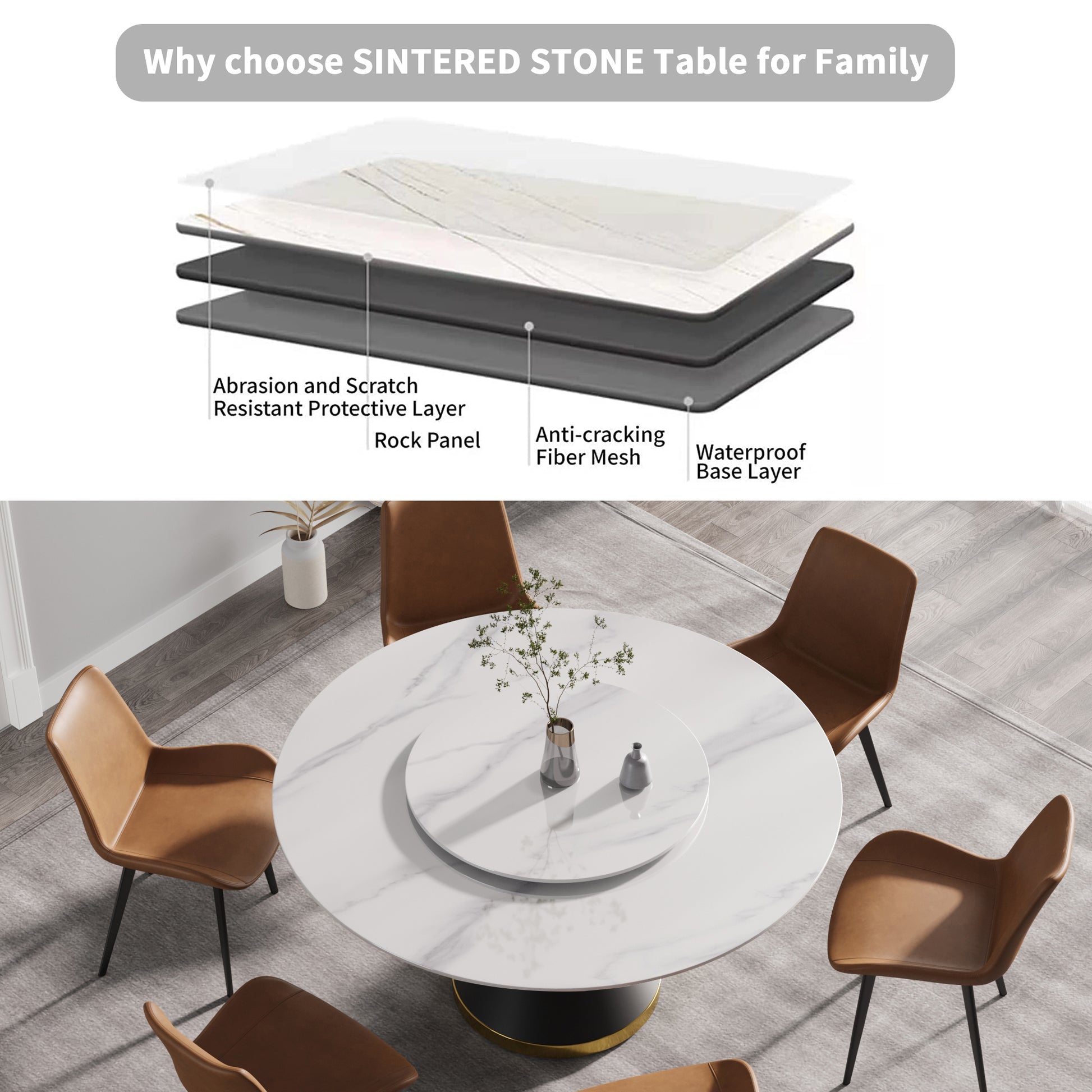 59.05"Modern Artificial Stone Round Black Carbon Steel Base Dining Table Can Accommodate 6 People 31.5"White Artificial Stone Turntable White Metal Marble