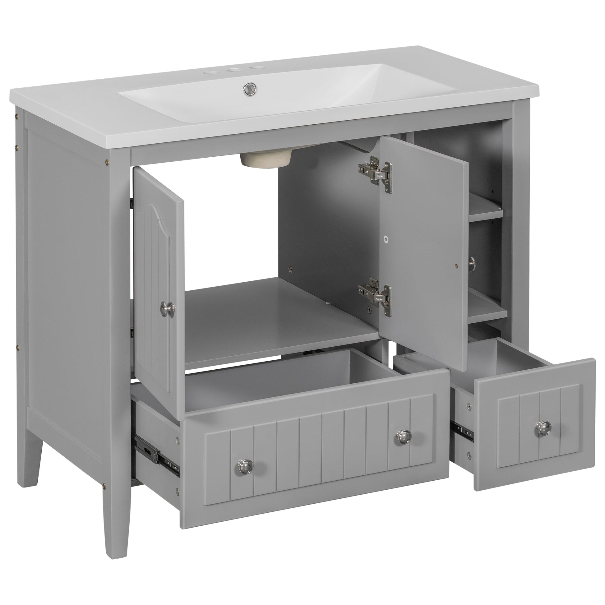 Video 36" Bathroom Vanity With Ceramic Basin, Bathroom Storage Cabinet With Two Doors And Drawers, Solid Frame, Metal Handles, Grey Old Sku: Jl000003Aae Grey Solid Wood