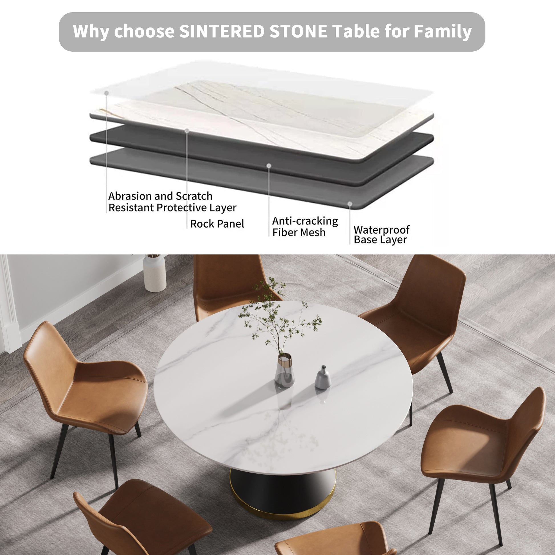 53.15"Modern Artificial Stone Round Black Carbon Steel Base Dining Table Can Accommodate 6 People White Metal Sintered Stone